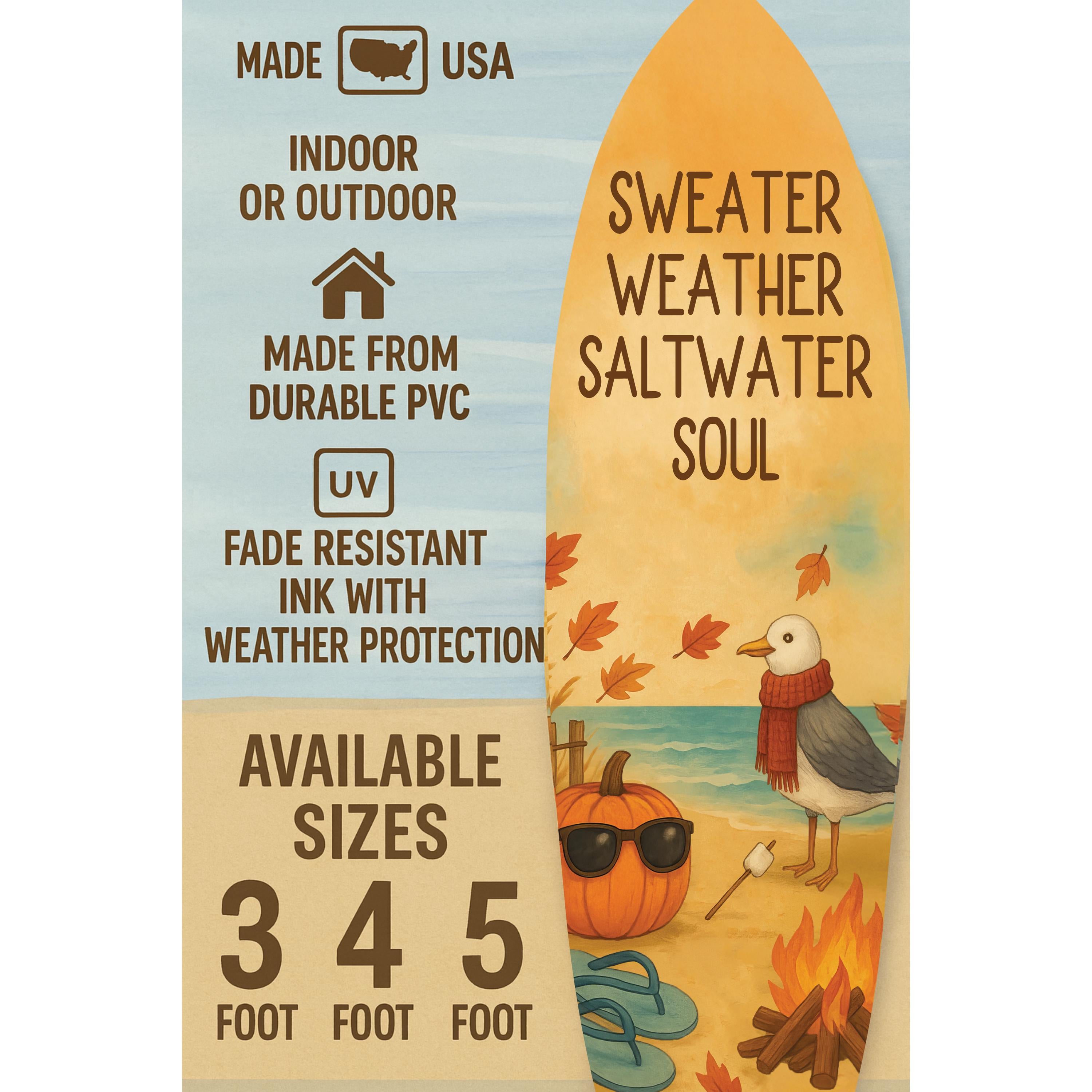 Fall Beach Decor Surfboard Sign – Sweater Weather Saltwater Soul – Autumn Coastal Wall Art for Porch or Patio – Indoor Outdoor PVC Sign, 3 - 5 Feet