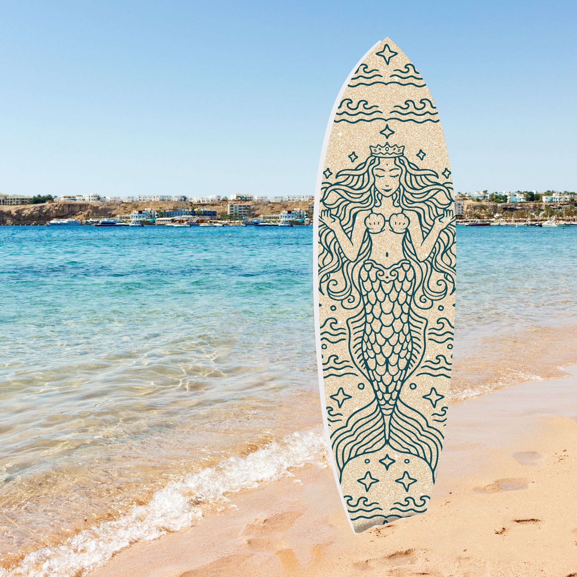 Outdoor Mermaid Surfboard Sign – Weatherproof PVC, Coastal Mermaid Decor for Beach House or Pool Area, Nautical Decoration, 3 - 5 Feet