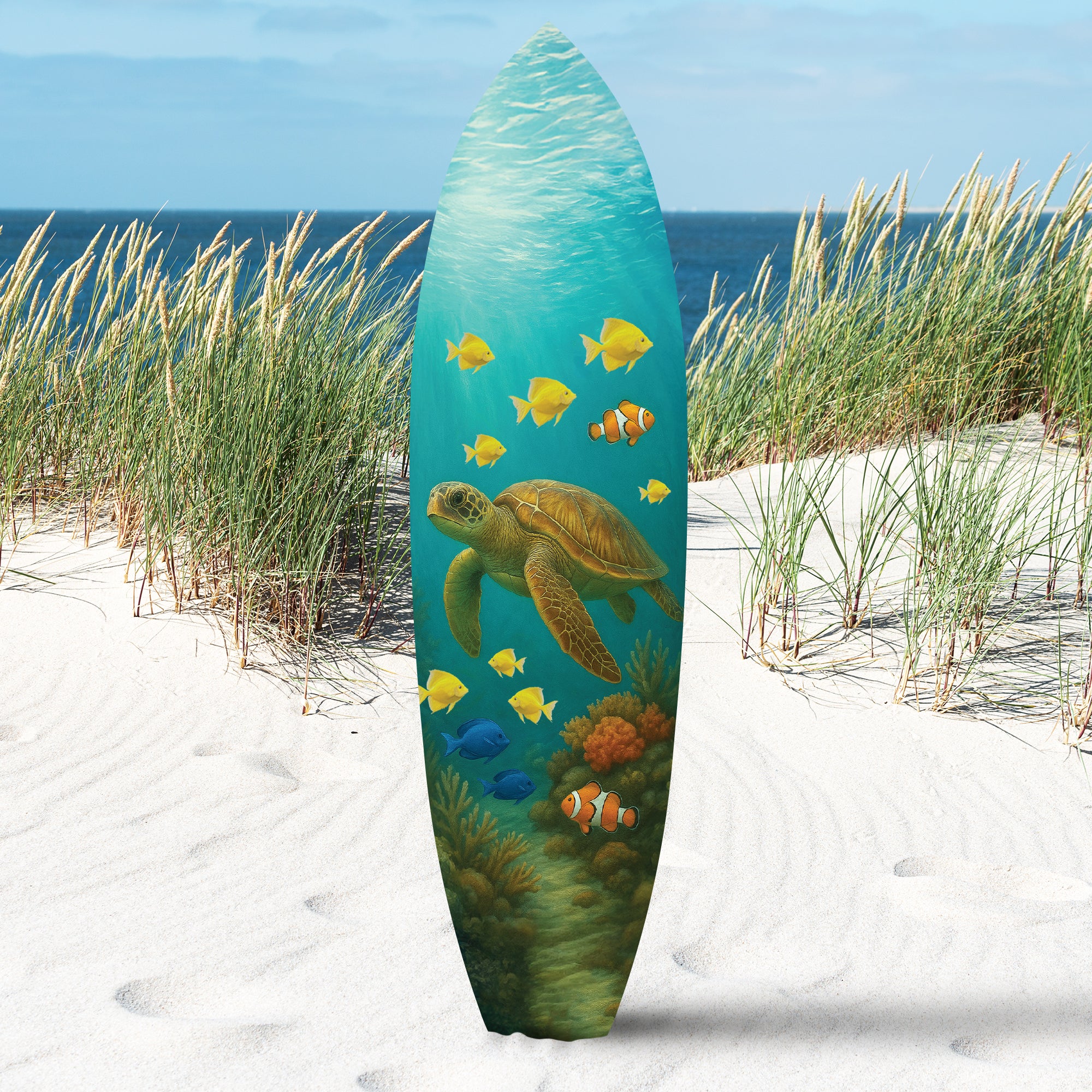 Outdoor Decorative Surfboard Wall Art - Sea Turtle Decor Surfboard Sign, Ocean-Themed, Beach House Sign, Weather Resistant PVC, 3 -5 Feet