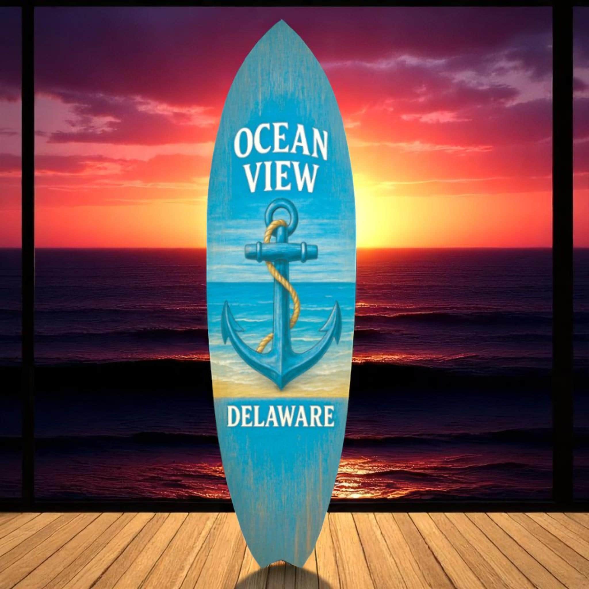 Ocean View Delaware Surfboard Wall Art – Coastal Anchor Beach Decor, Nautical Sign for Porch, Patio, or Beach House, Weatherproof PVC
