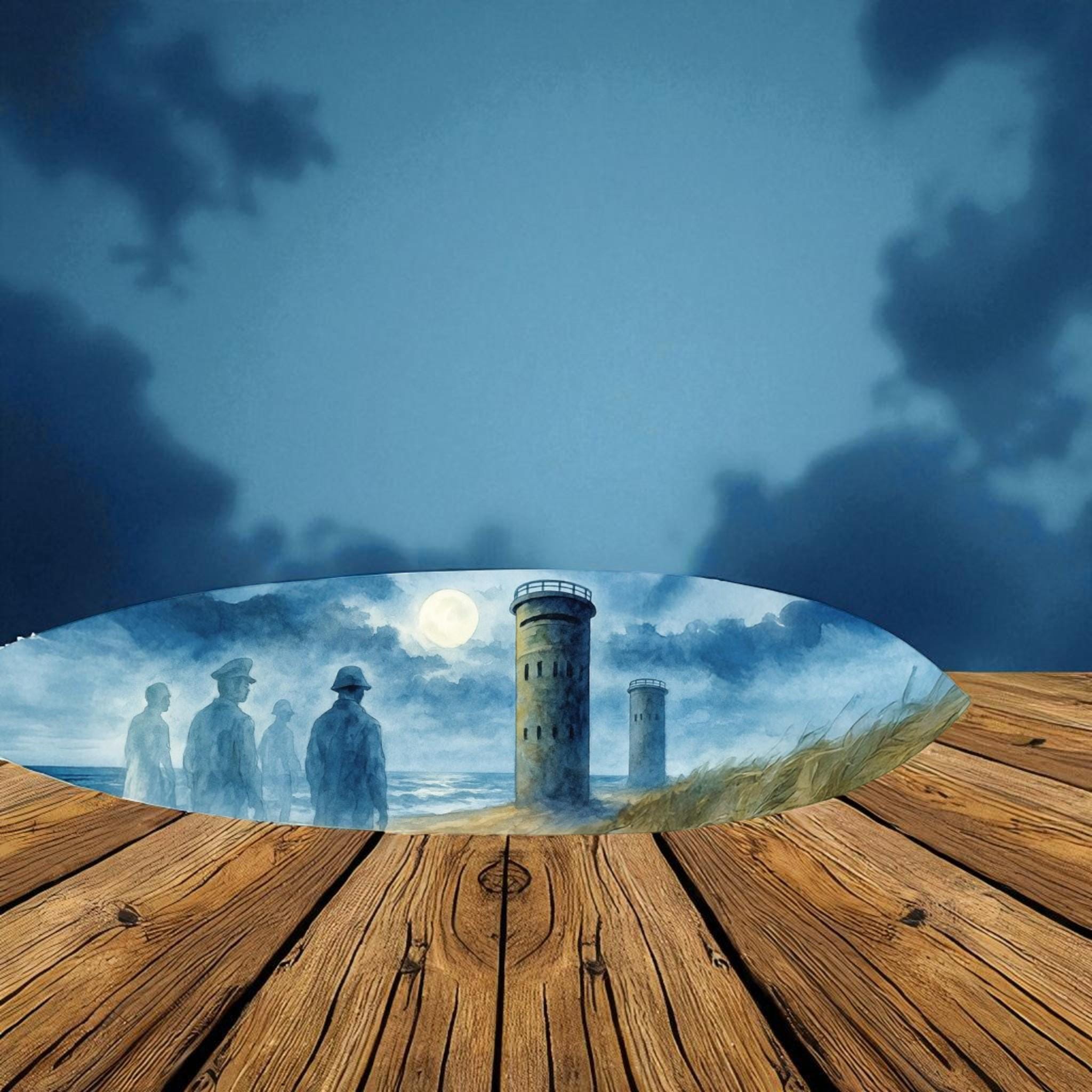 WWII Towers Surfboard Wall Art – Delaware Coastal Décor, Ghostly Soldiers Beach Sign, Unique Halloween Decoration