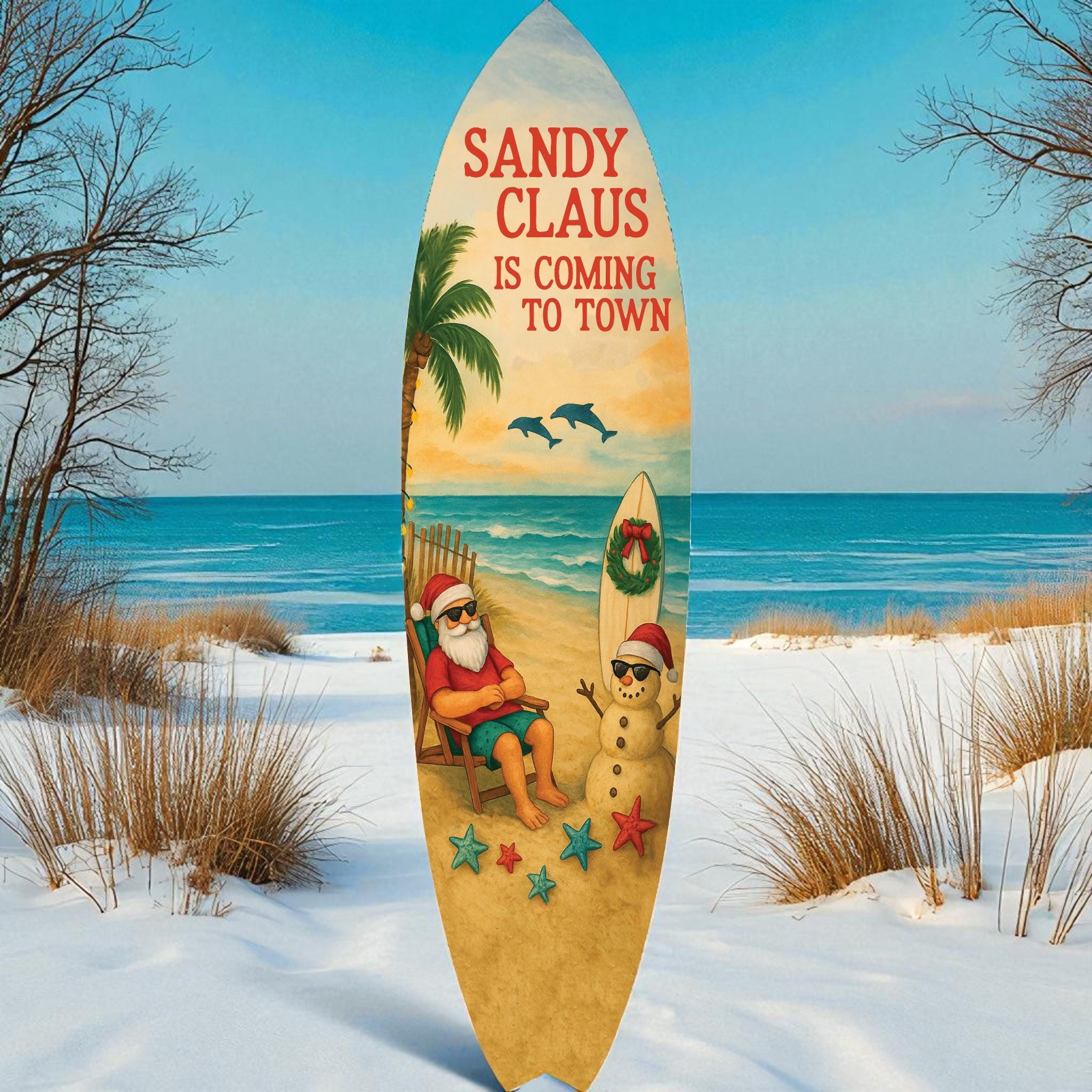 Sandy Claus Surfboard Sign – Beach Christmas Decor – Coastal Holiday Wall Art – Santa Surfing Tropical Sign – Nautical Xmas Porch Decoration, 3 - 5 Feet