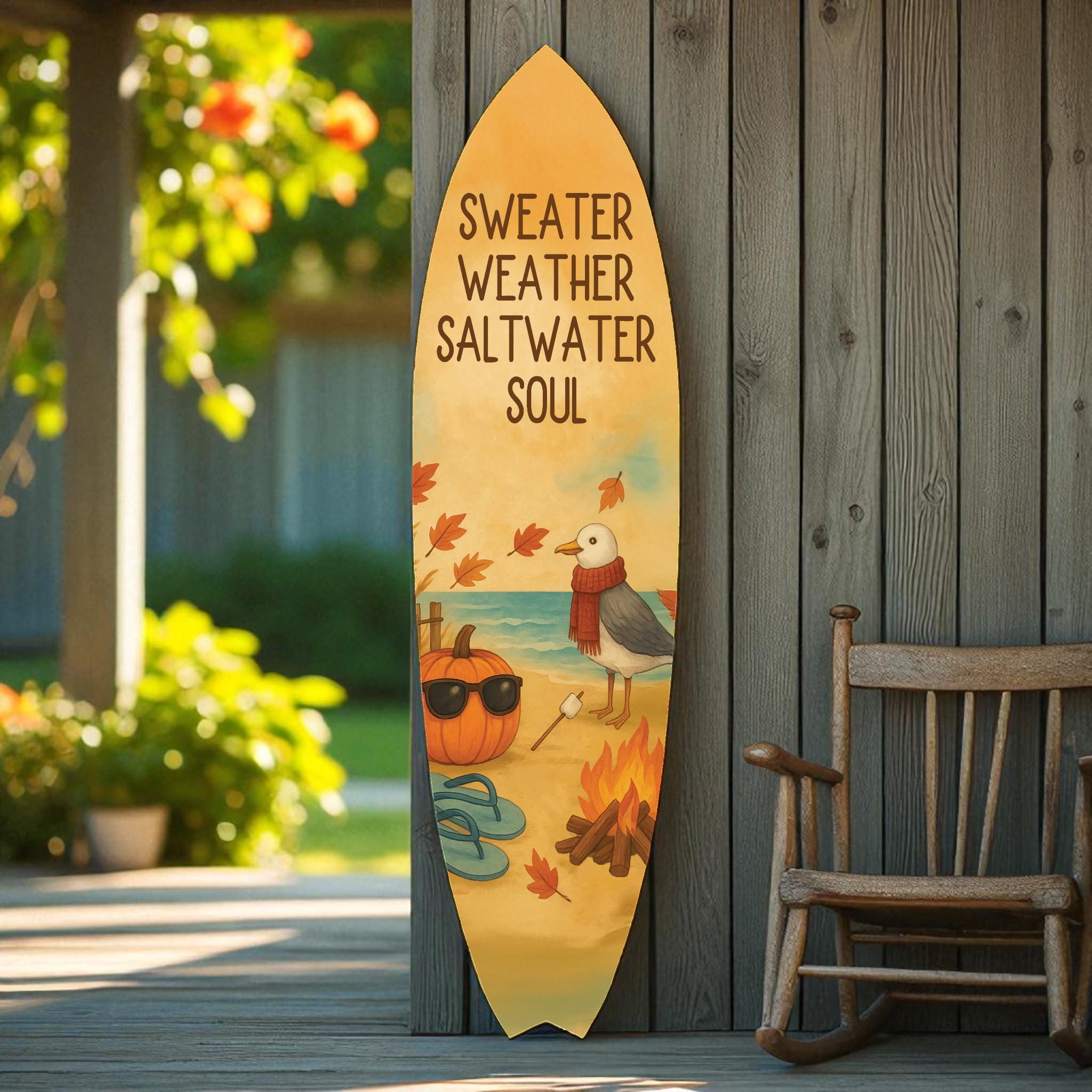 Fall Beach Decor Surfboard Sign – Sweater Weather Saltwater Soul – Autumn Coastal Wall Art for Porch or Patio – Indoor Outdoor PVC Sign, 3 - 5 Feet