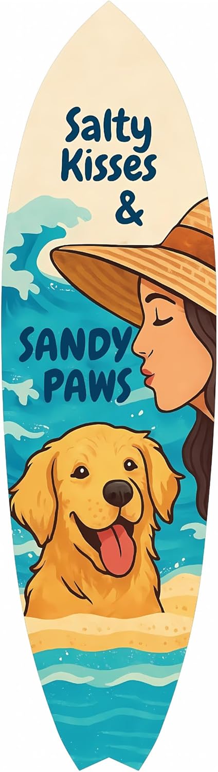 Outdoor Dog Surfboard Wall Decor – Coastal Pet Wall Art, PVC Beach House Decor for Dog Owners, Sandy Paws, 3 - 5 Feet