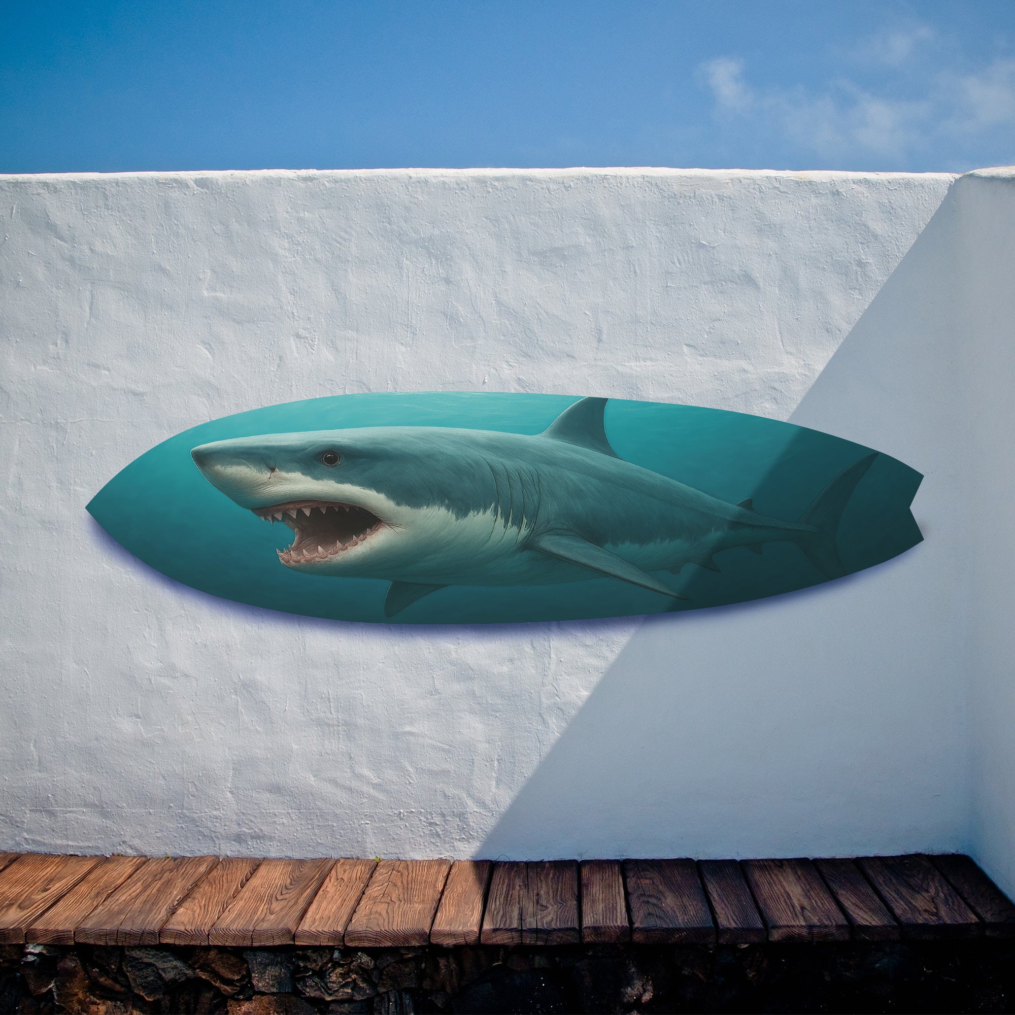 Outdoor Shark Surfboard Wall Art – Ocean Themed Shark Decor, Weatherproof PVC Beach House Sign Decorative Coastal Wall Hanging, 3 - 5 Feet