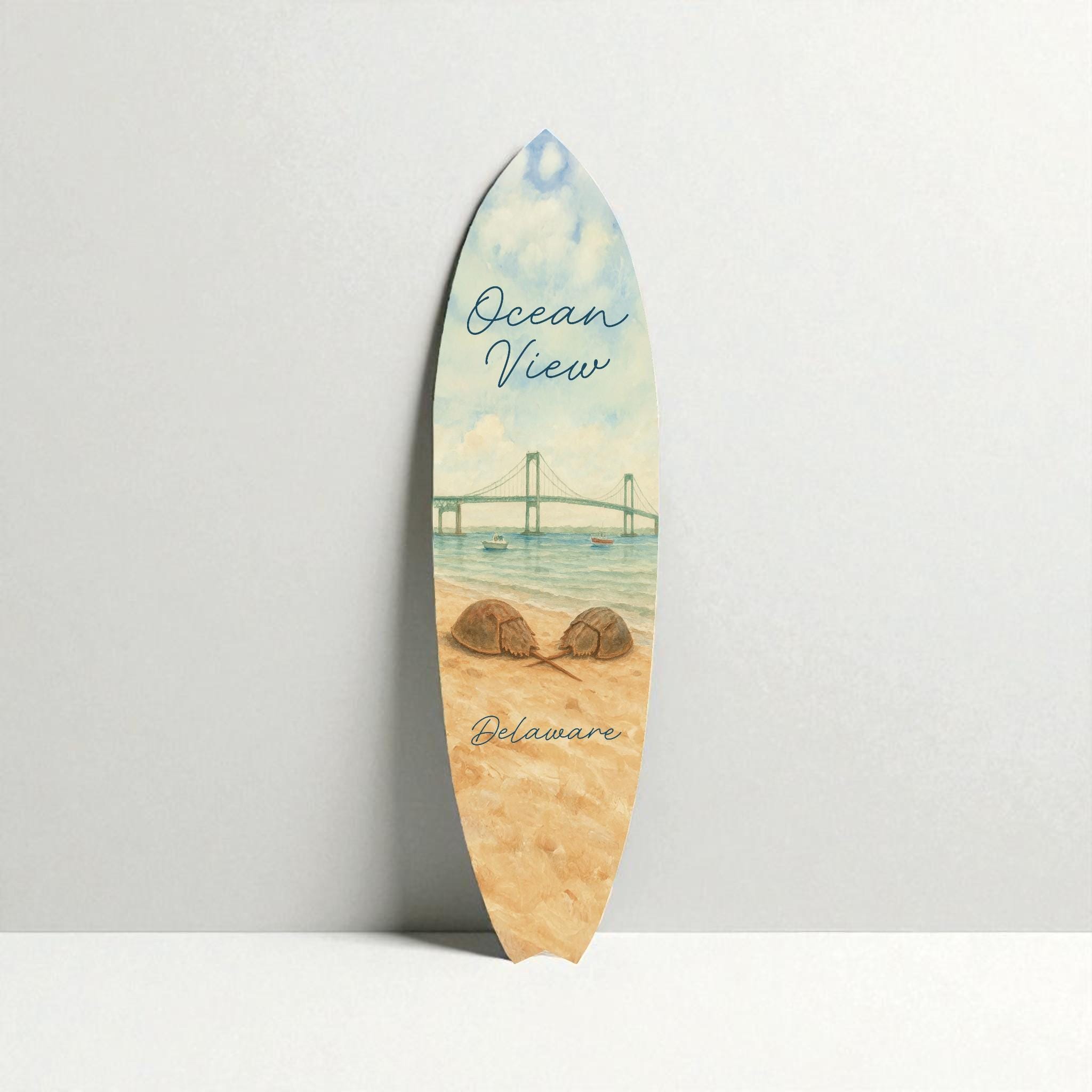 Ocean View Delaware PVC Surfboard Wall Art | 2–5 Ft Sizes | Outdoor Safe Coastal Decor | Beach House Patio Sign