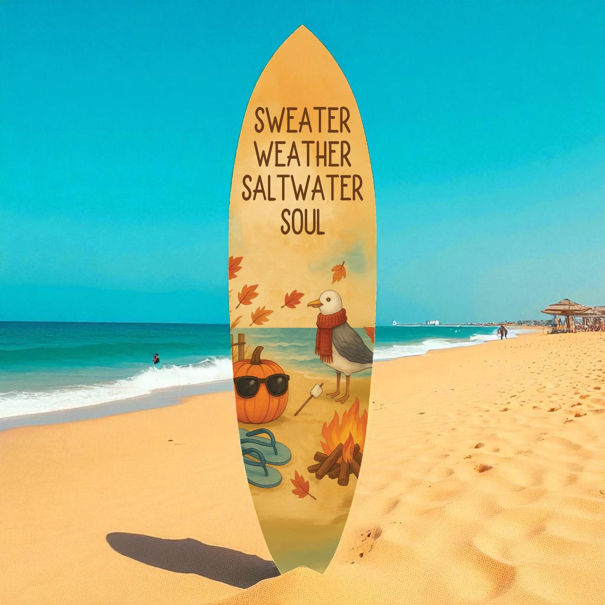 Fall Beach Decor Surfboard Sign – Sweater Weather Saltwater Soul – Autumn Coastal Wall Art for Porch or Patio – Indoor Outdoor PVC Sign, 3 - 5 Feet