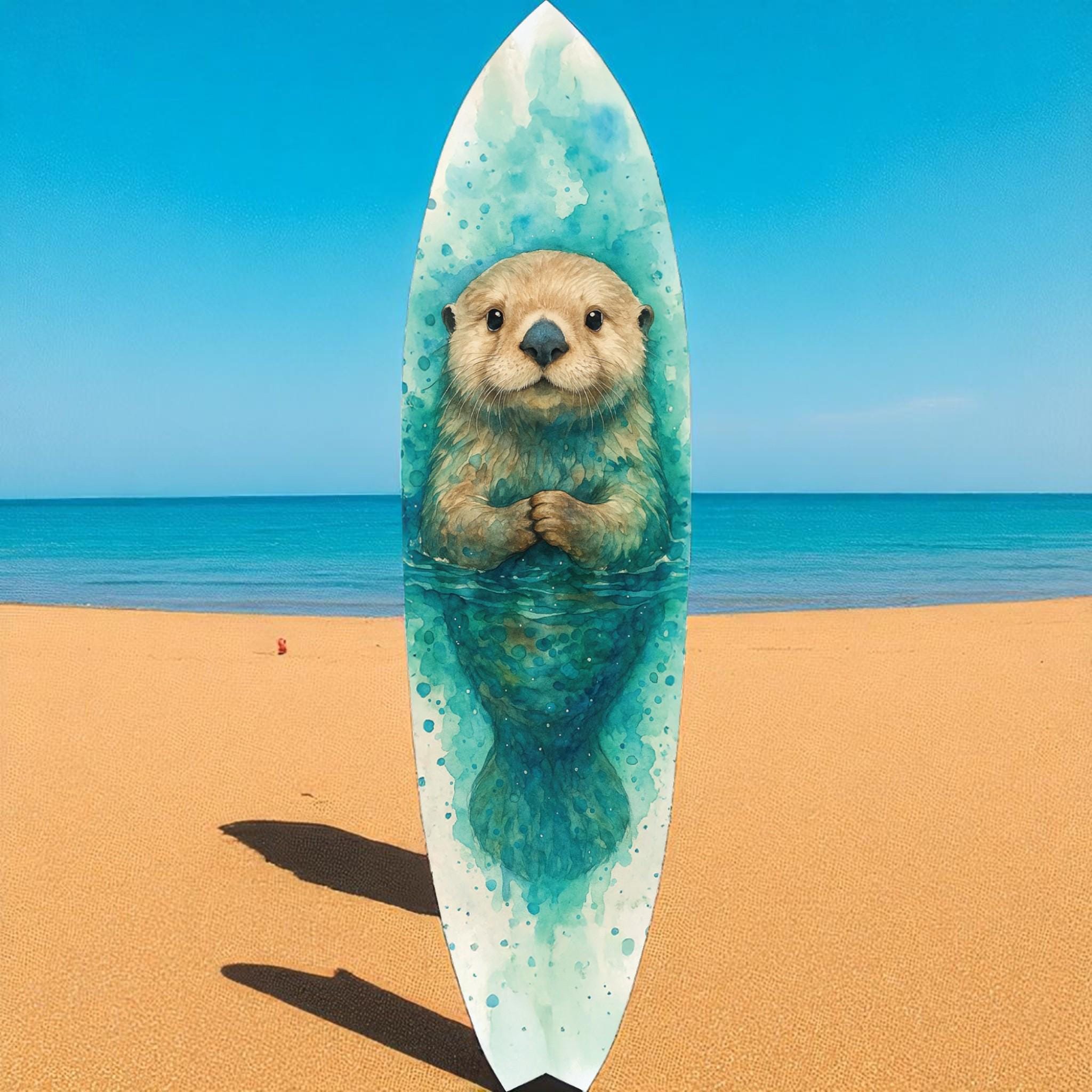 Sea Otter Surfboard Wall Art – Watercolor Surfboard for Kids or Adults – PVC Indoor Outdoor Coastal Animal Decor – Ocean Nursery Sign, 3 - 5 Feet