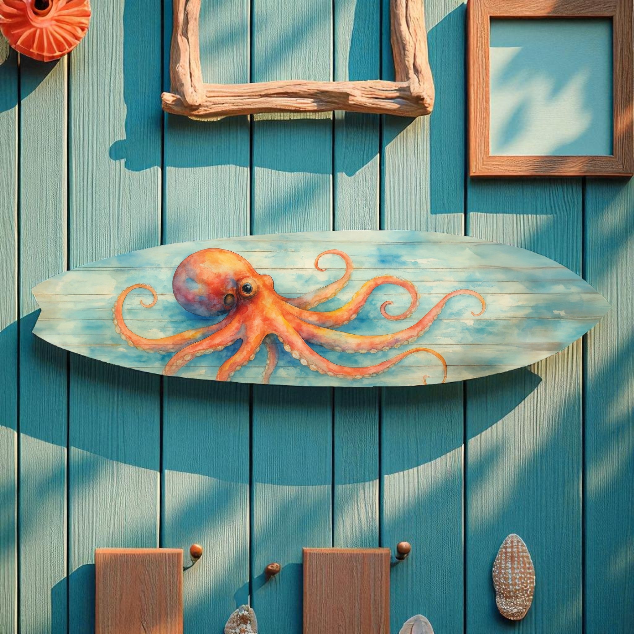 Octopus Surfboard Wall Art – Coastal Nautical Decor, PVC Outdoor Beach Sign, Ocean Lover Gift, Octopus Decoration