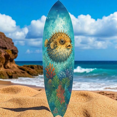 Outdoor Pufferfish Surfboard Wall Art – Coastal Beach House Decor, Vibrant Ocean-Themed, PVC Tropical Fish Surfboard Sign, 3 -5 Feet