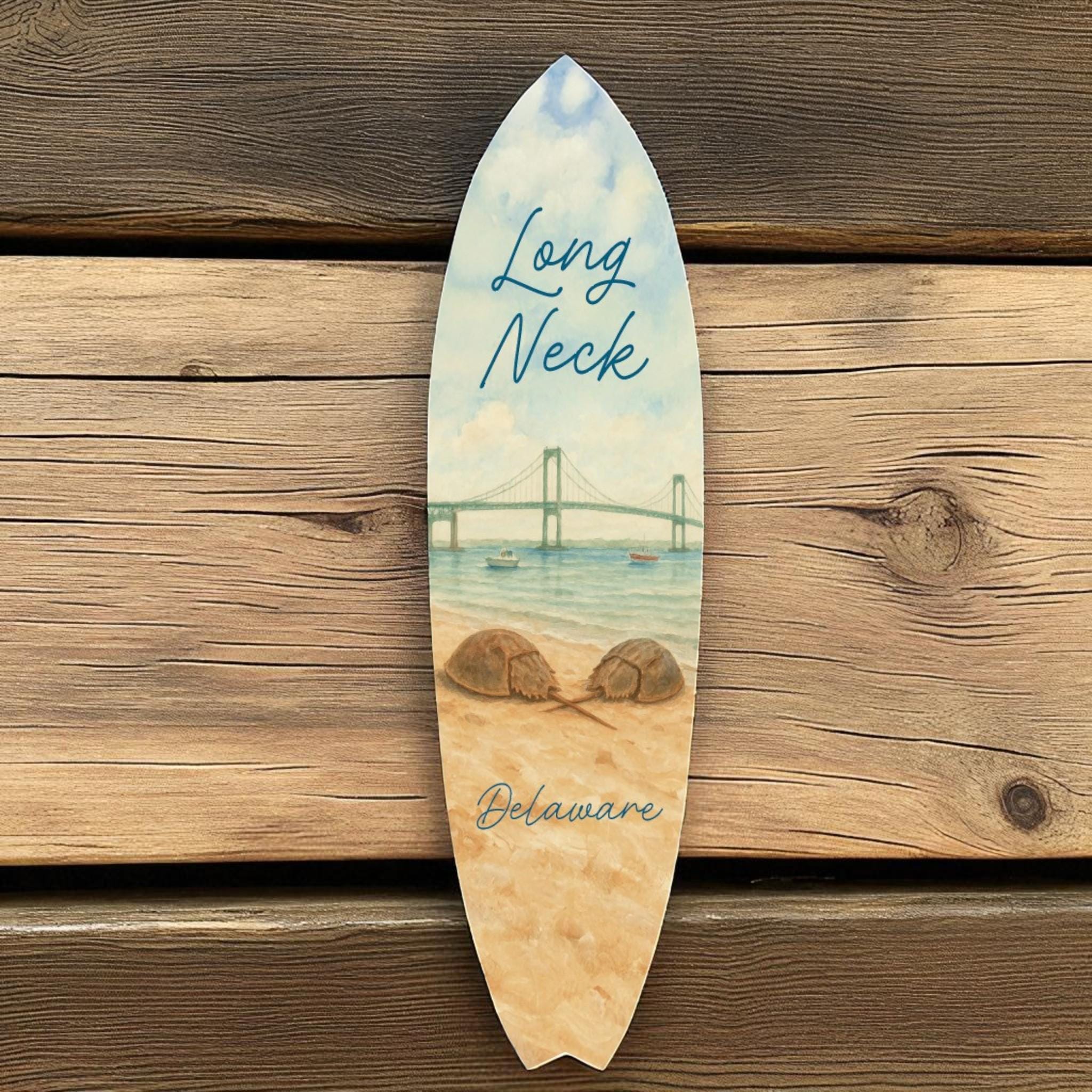 Long Neck Delaware Decorative Surfboard | Indoor Outdoor Coastal Wall Art, Nautical Beach House Decor, Horseshoe Crab Surfboard Sign