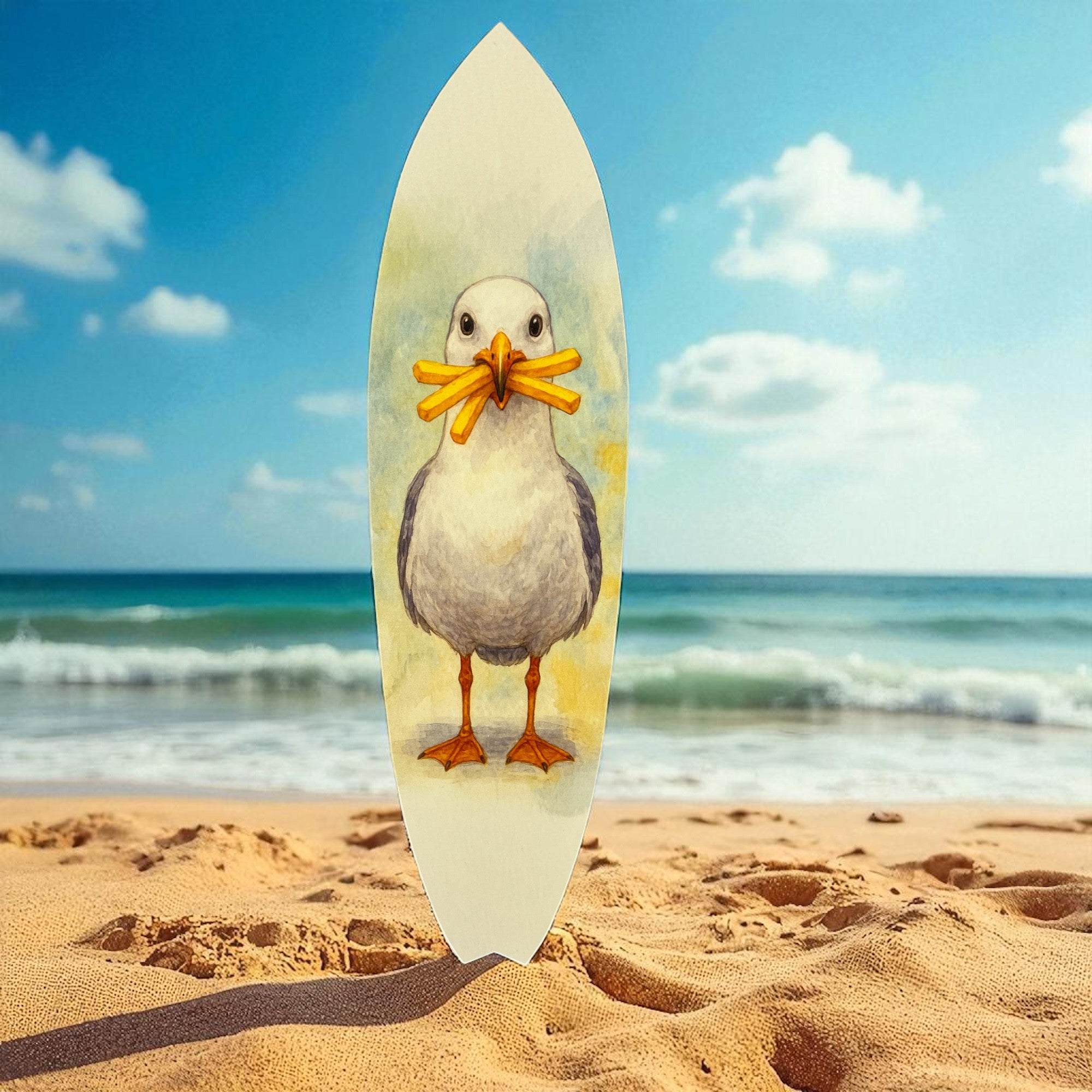 Funny Seagull Surfboard Wall Art – Outdoor Coastal Beach Decor, Seagull with Fries Design, PVC Surfboard Sign – 2ft to 5ft Sizes