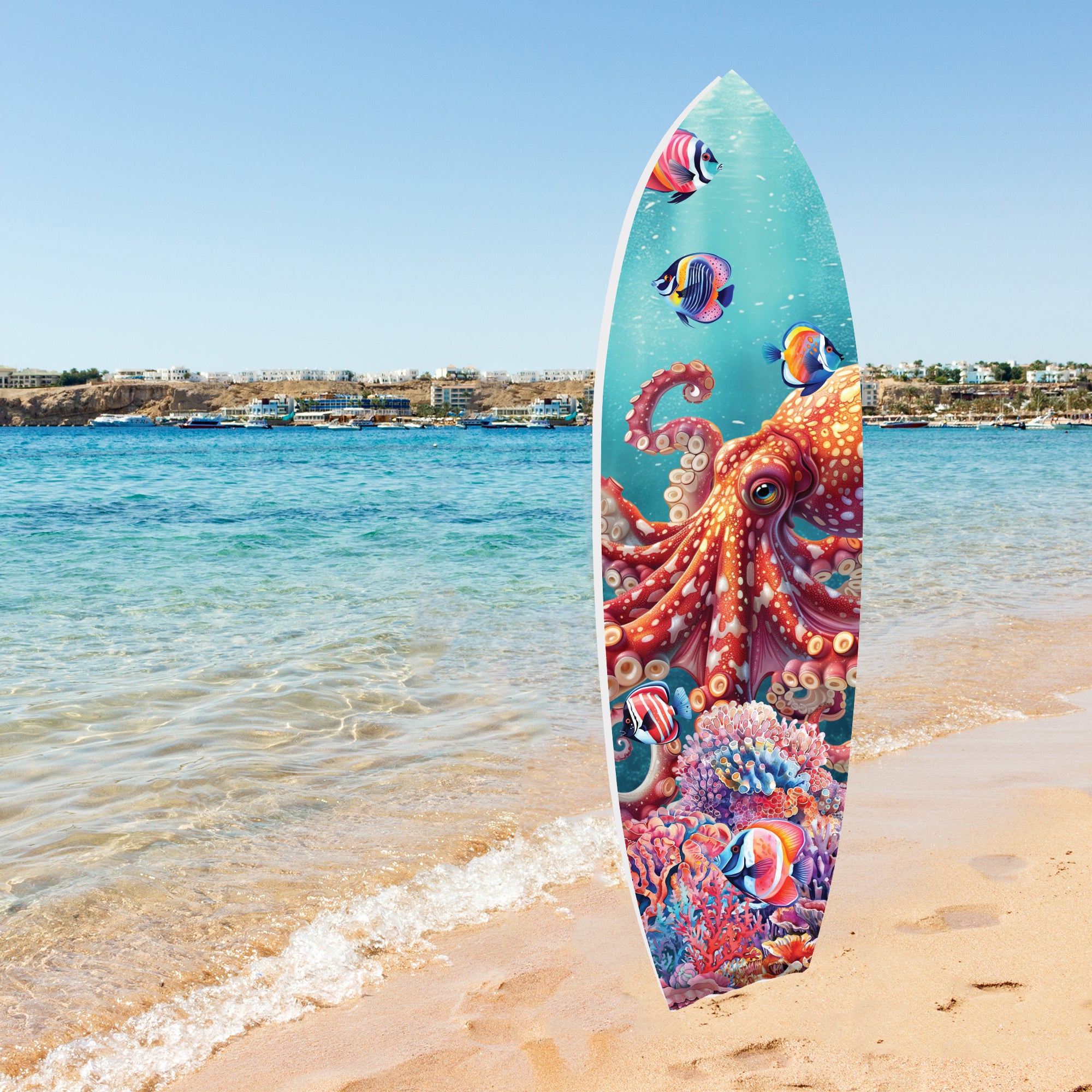 Outdoor Octopus Surfboard Wall Art Decor, Octopus Surfboard Sign, Weather Resistant PVC, 3 - 5 Feet