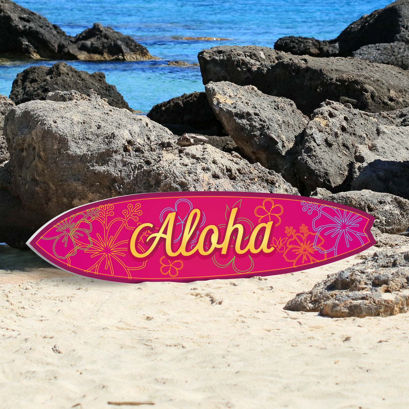 Outdoor Aloha Hawaiian Surfboard Wall Art, Hawaiian Decor Hibiscus Flowers, Weather Resistant PVC, Coastal Style Surfboard Sign, 3 - 5 Feet