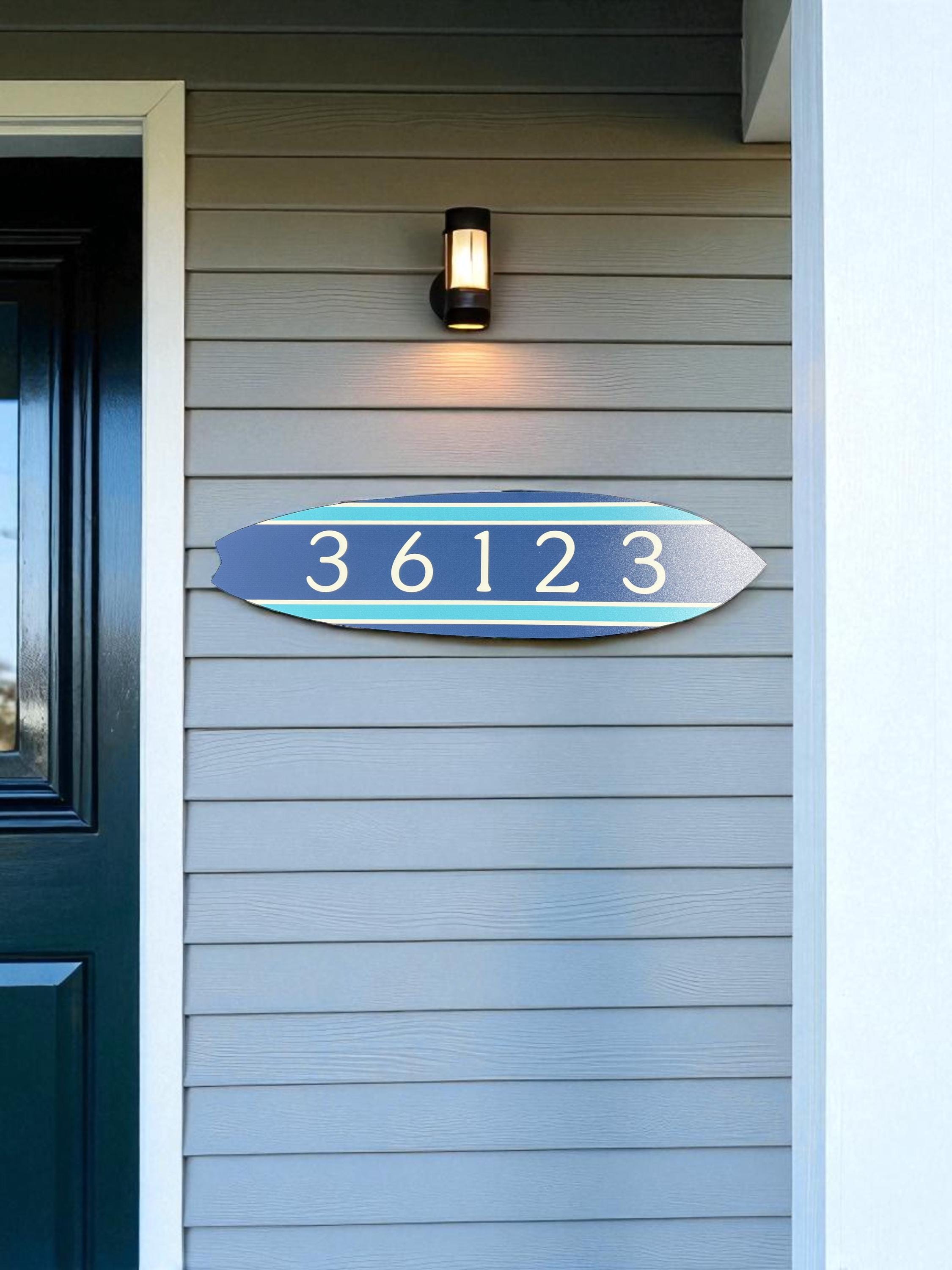 Custom Beach Address Sign – Surfboard House Number Plaque – Coastal Outdoor Decor – Nautical Home Accent – Personalized Sign for Porch