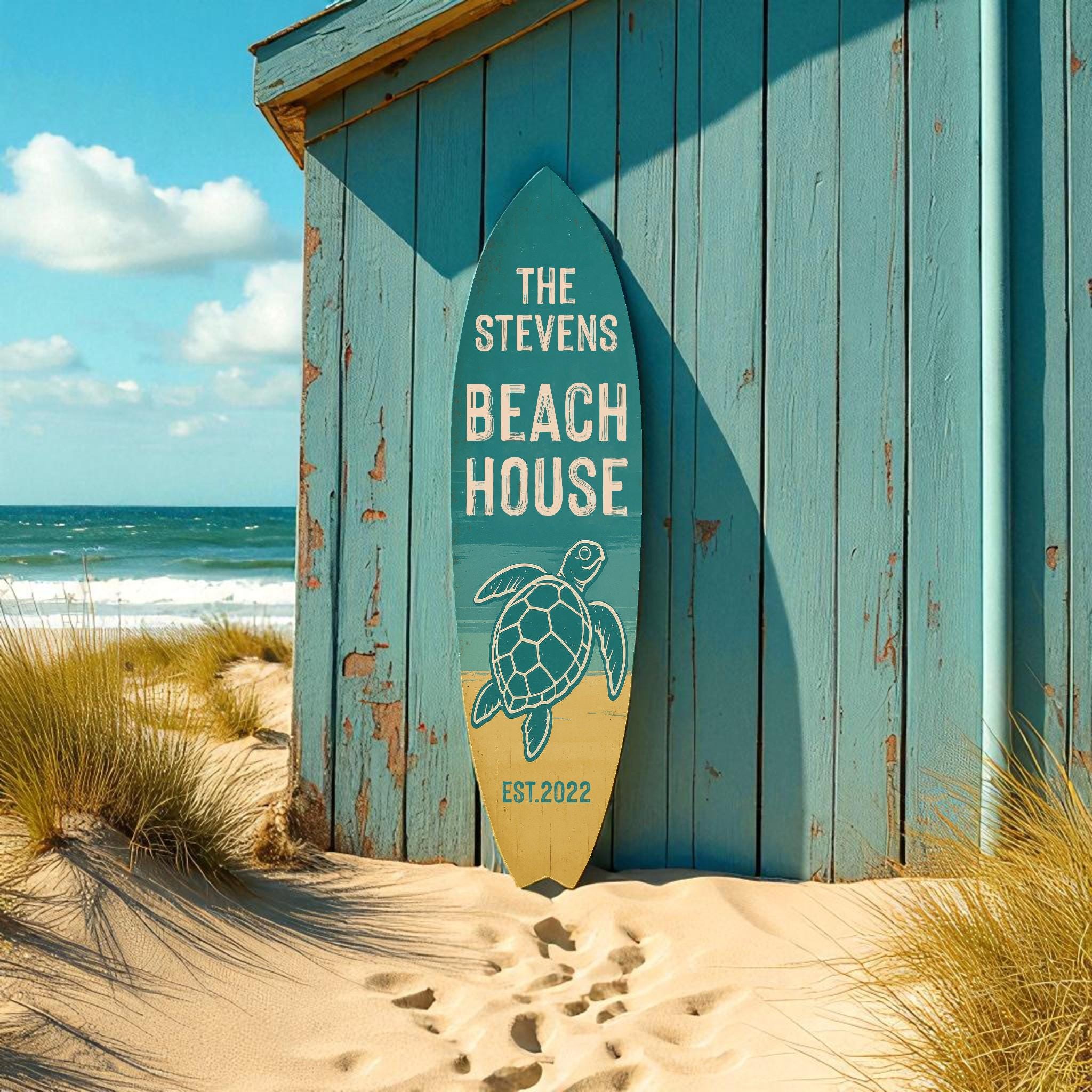 Custom Turtle Beach House Surfboard Sign – Personalized Nautical Wall Art, Coastal Home Decor, Sea Turtle Surf Board, Beach House Gift, 3 - 5 Feet