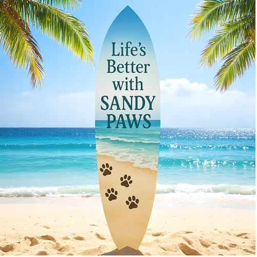 Outdoor Dog Surfboard Wall Decor – Coastal Pet Wall Art, PVC Beach House Decor, Life's Better Sandy Paws, 3 - 5 Feet