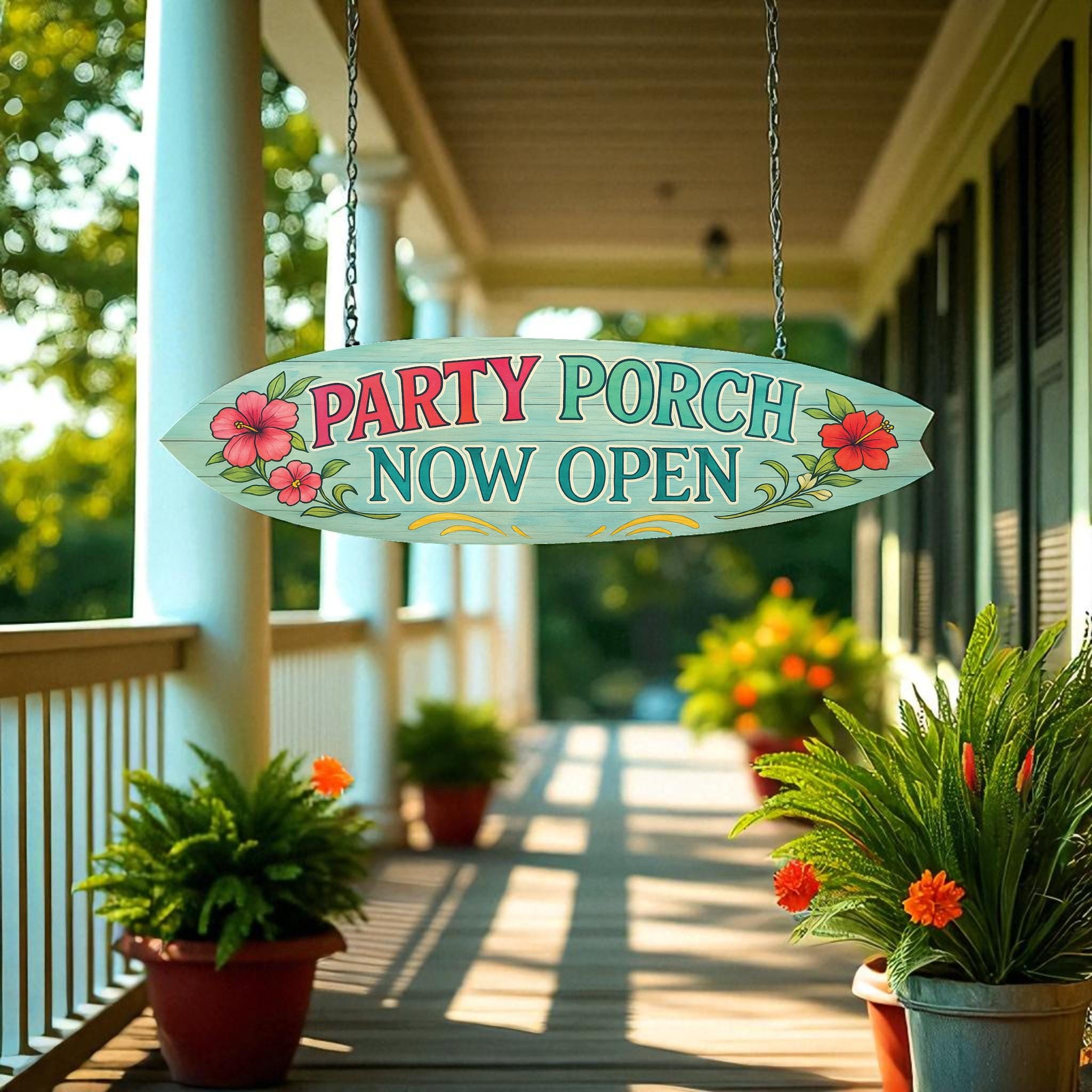 Party Porch Now Open Surfboard Sign – Coastal Porch Decor – Indoor Outdoor Beach House Sign, 3 - 5 Feet