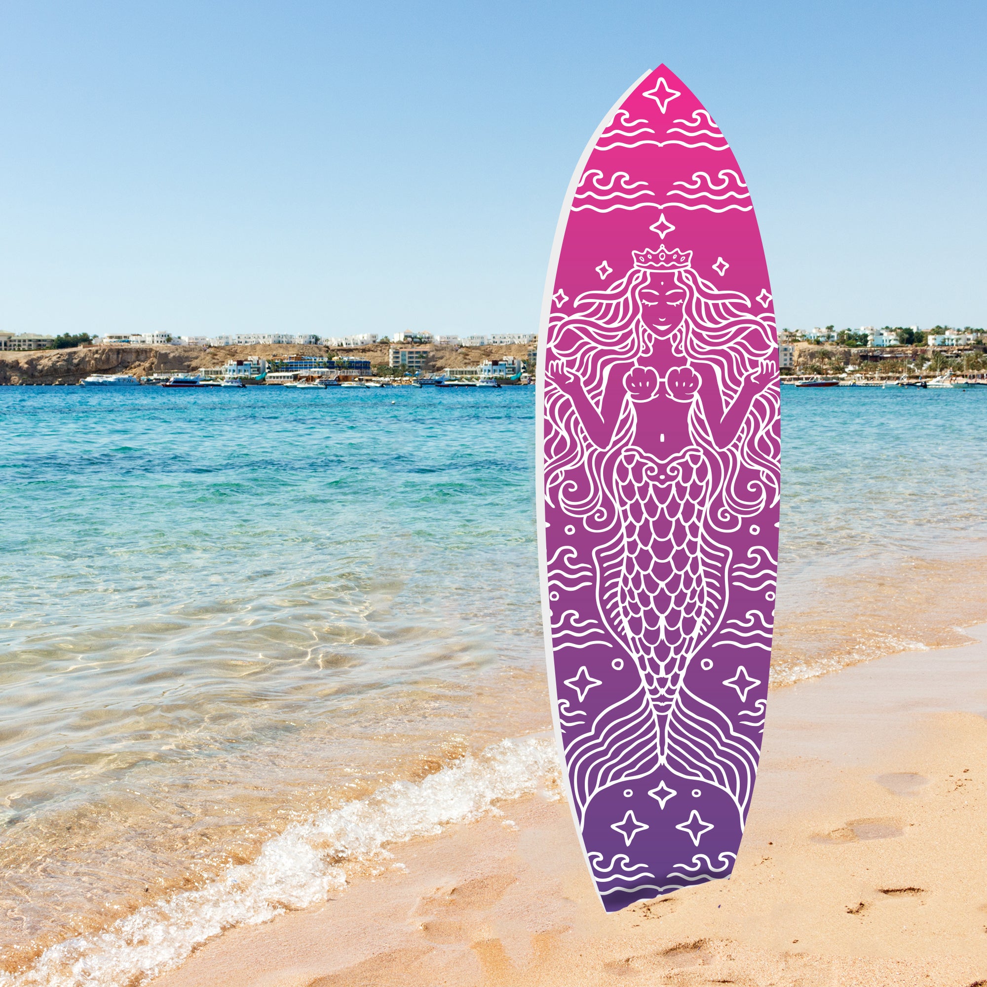 Outdoor Mermaid Surfboard Sign – Weatherproof PVC, Coastal Mermaid Decor for Beach House or Pool Area, Nautical Decoration, 3 - 5 Feet