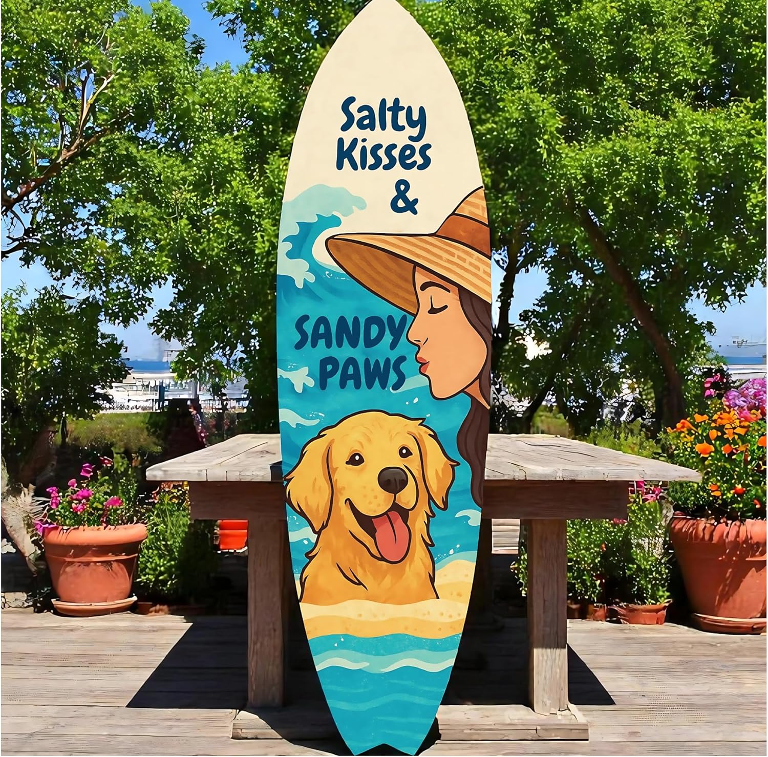 Outdoor Dog Surfboard Wall Decor – Coastal Pet Wall Art, PVC Beach House Decor for Dog Owners, Sandy Paws, 3 - 5 Feet