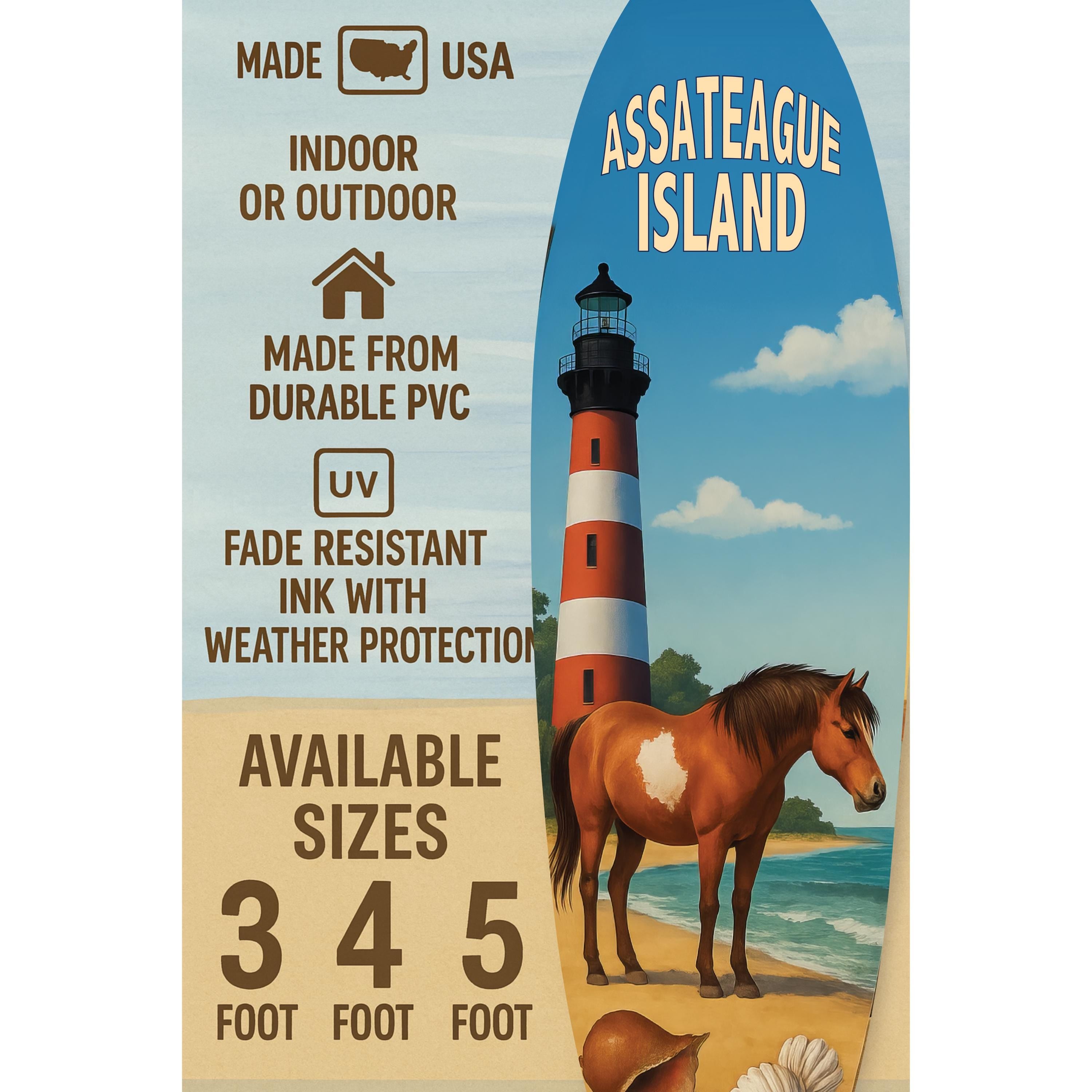 Assateague Island Surfboard Decor – Coastal Wall Art for Beach Lovers, Indoor Outdoor PVC Surf Board Sign, 3 - 5 Feet