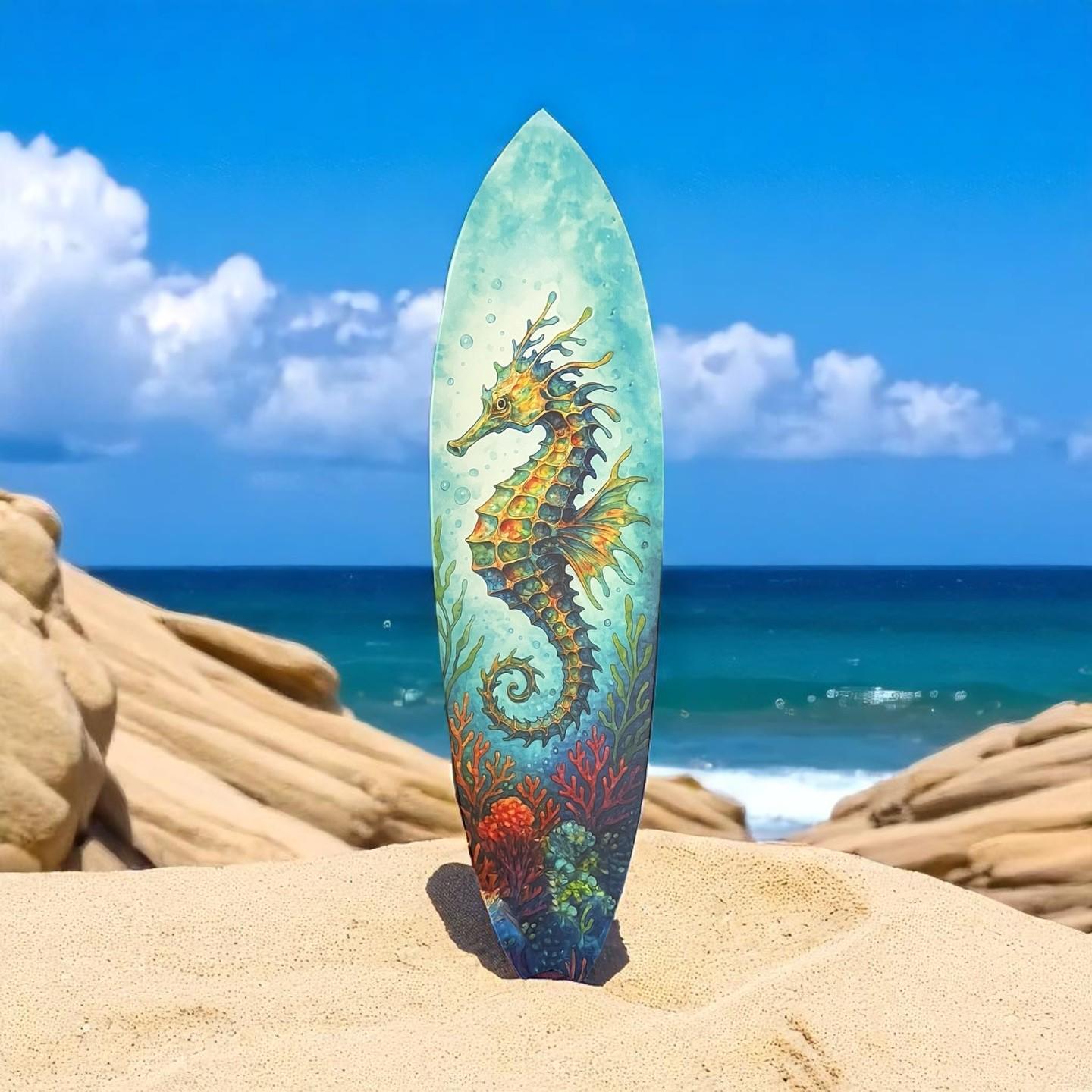 Seahorse Surfboard Wall Art – Coastal PVC Beach House Decor, Ocean Theme Nautical Wall Sign, Tropical Underwater Sea Dragon, 3 - 5 Feet