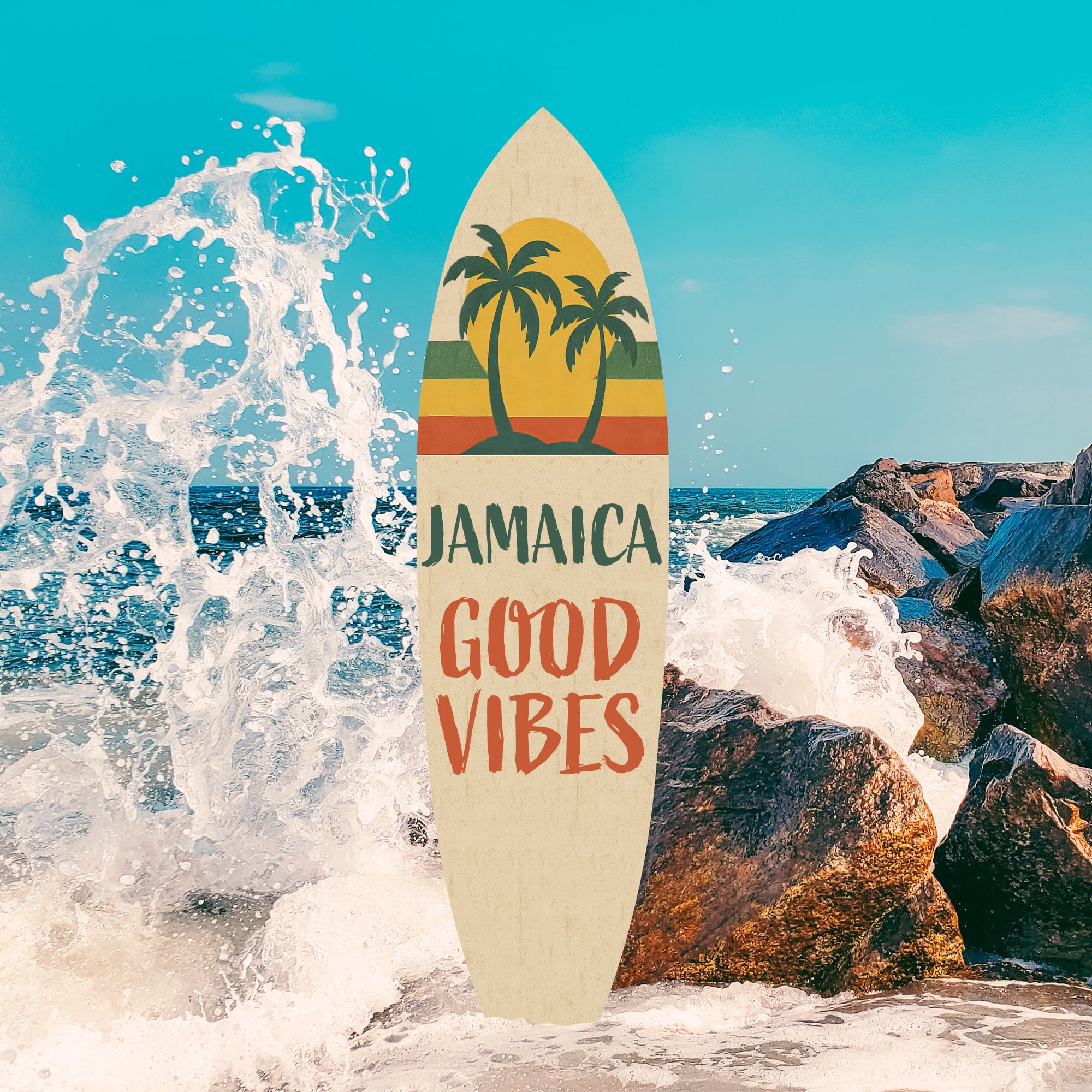 Outdoor Surfboard Wall Art Jamaica Good Vibes Sign with Sunset and Palm Trees, Beach House Tropical Coastal Decor Weatherproof PVC, 3 - 5 Feet