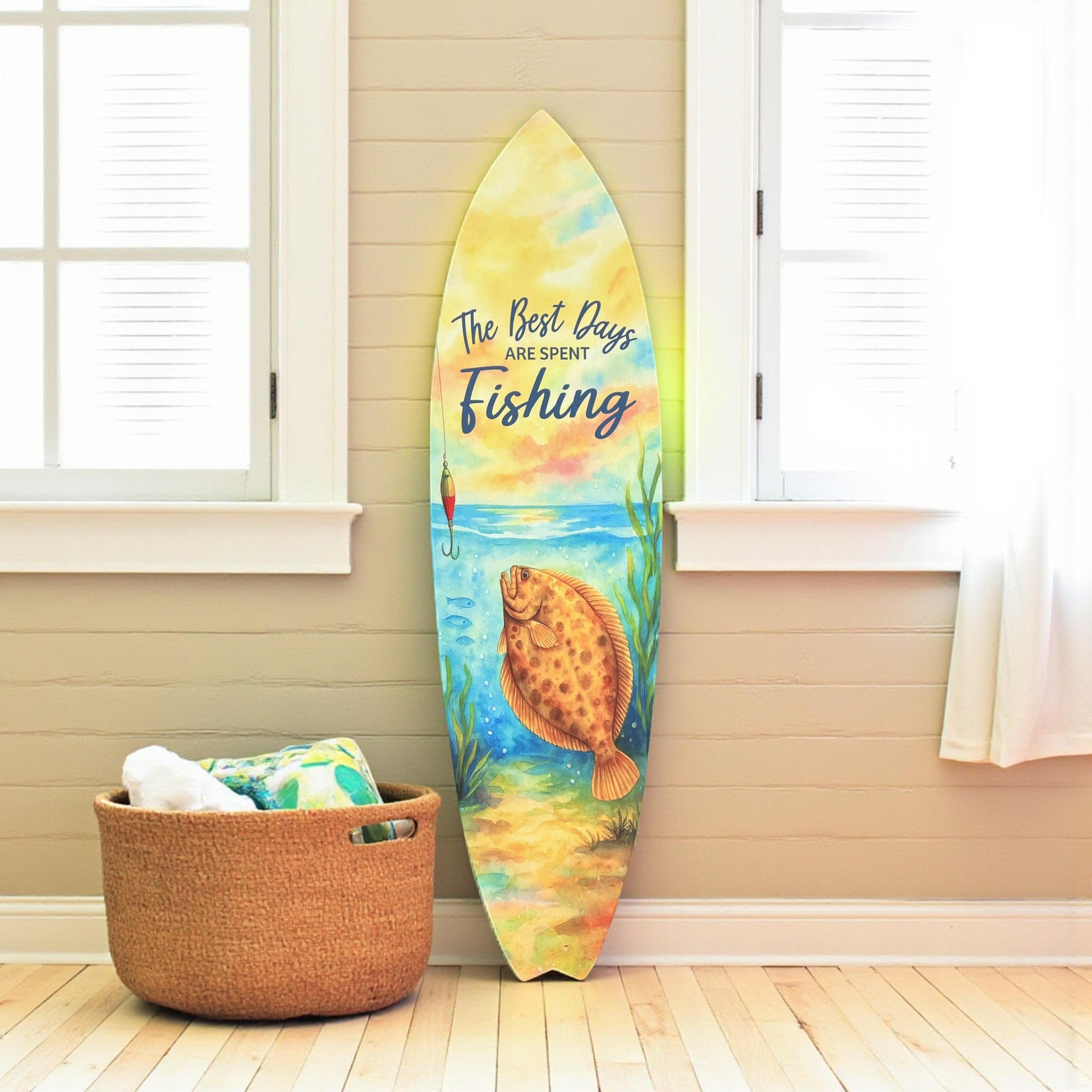 Fishing Surfboard Wall Art - Outdoor PVC Beach House Decor, The Best Days Are Spent Fishing, Coastal Surfboard Sign