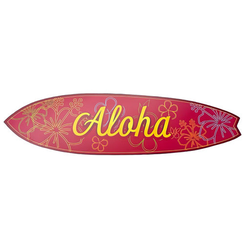 Outdoor Aloha Hawaiian Surfboard Wall Art, Hawaiian Decor Hibiscus Flowers, Weather Resistant PVC, Coastal Style Surfboard Sign, 3 - 5 Feet