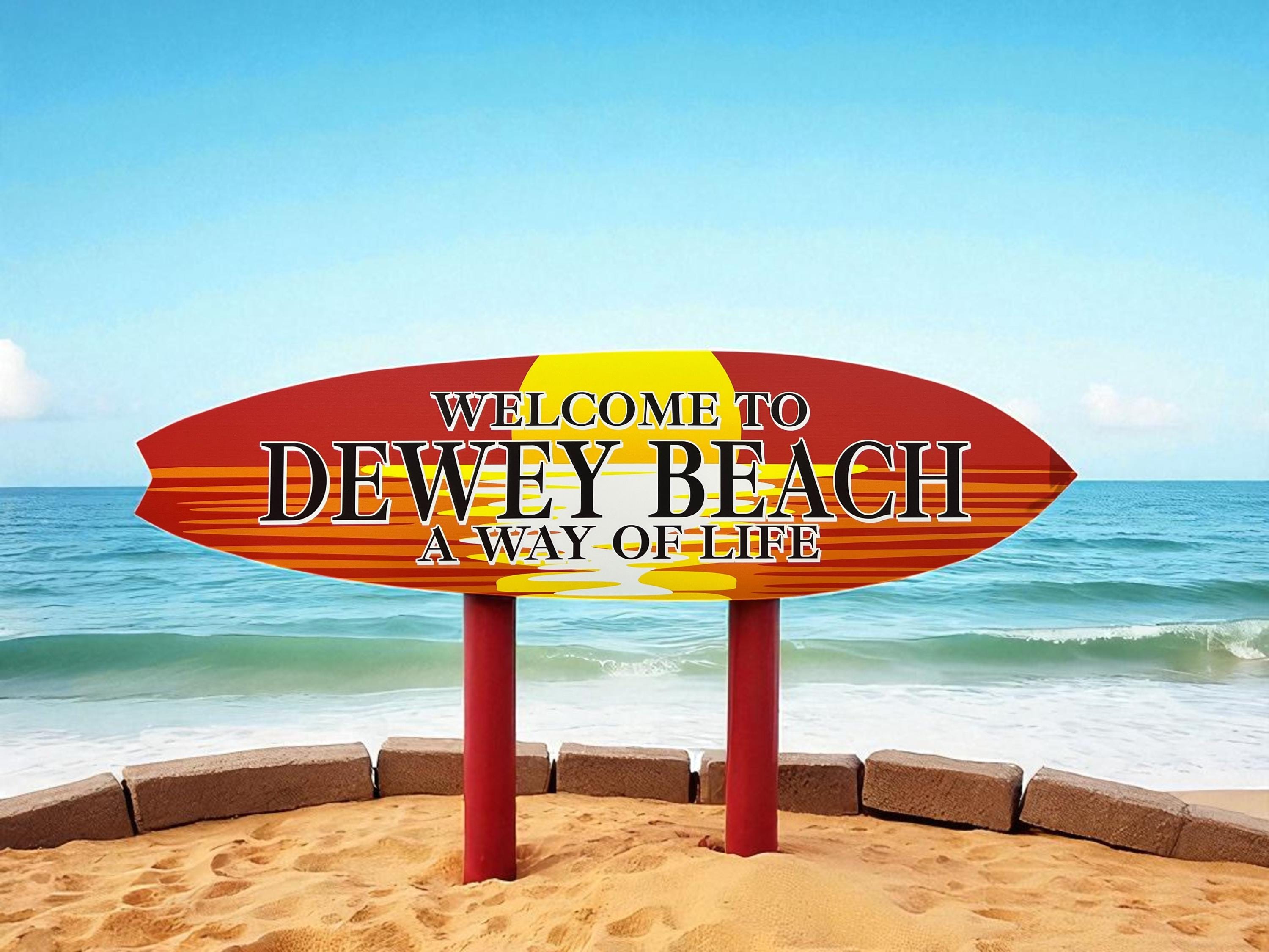 Dewey Beach Surfboard Sign – Coastal Wall Décor | Delaware Beach House Gift | Nautical Outdoor PVC Boardwalk Sign