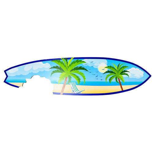 Outdoor Surfboard Wall Art, Beach Decor, Surfboard Sign with Shark Bite, Palm Trees and Beach-Themed, Weather Resistant PVC, 3 - 5 Feet