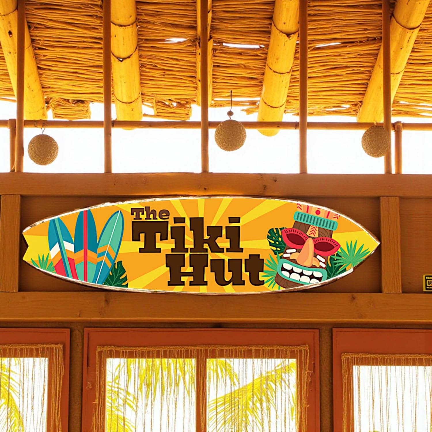 JennyGems The Tiki Hut Decorative Surfboard Sign, Indoor Outdoor Tropical Wall Art, Hawaiian Beach Theme