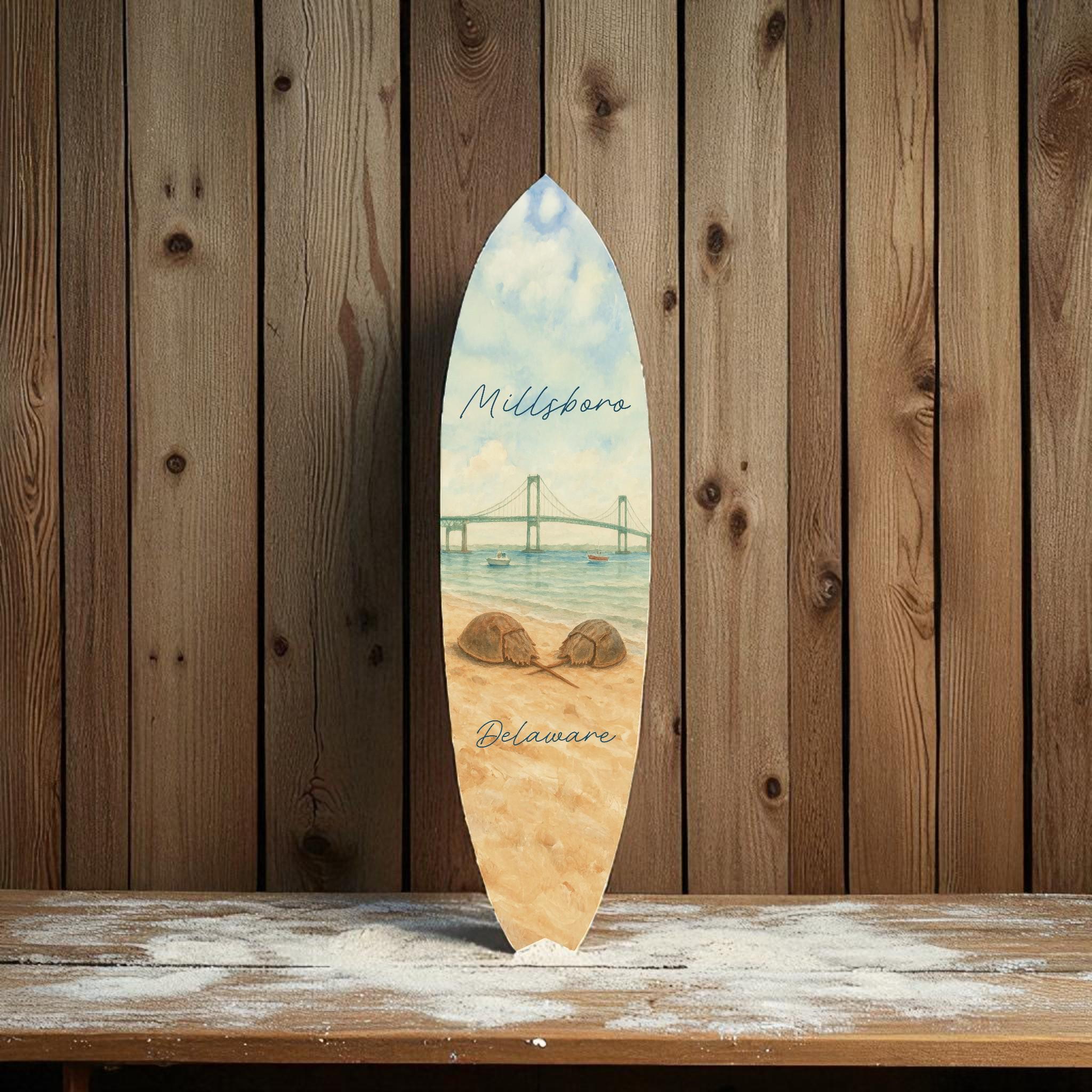Millsboro Delaware PVC Surfboard Wall Art | 2–5 Ft Sizes | Outdoor Safe Coastal Decor | Beach House Patio Sign