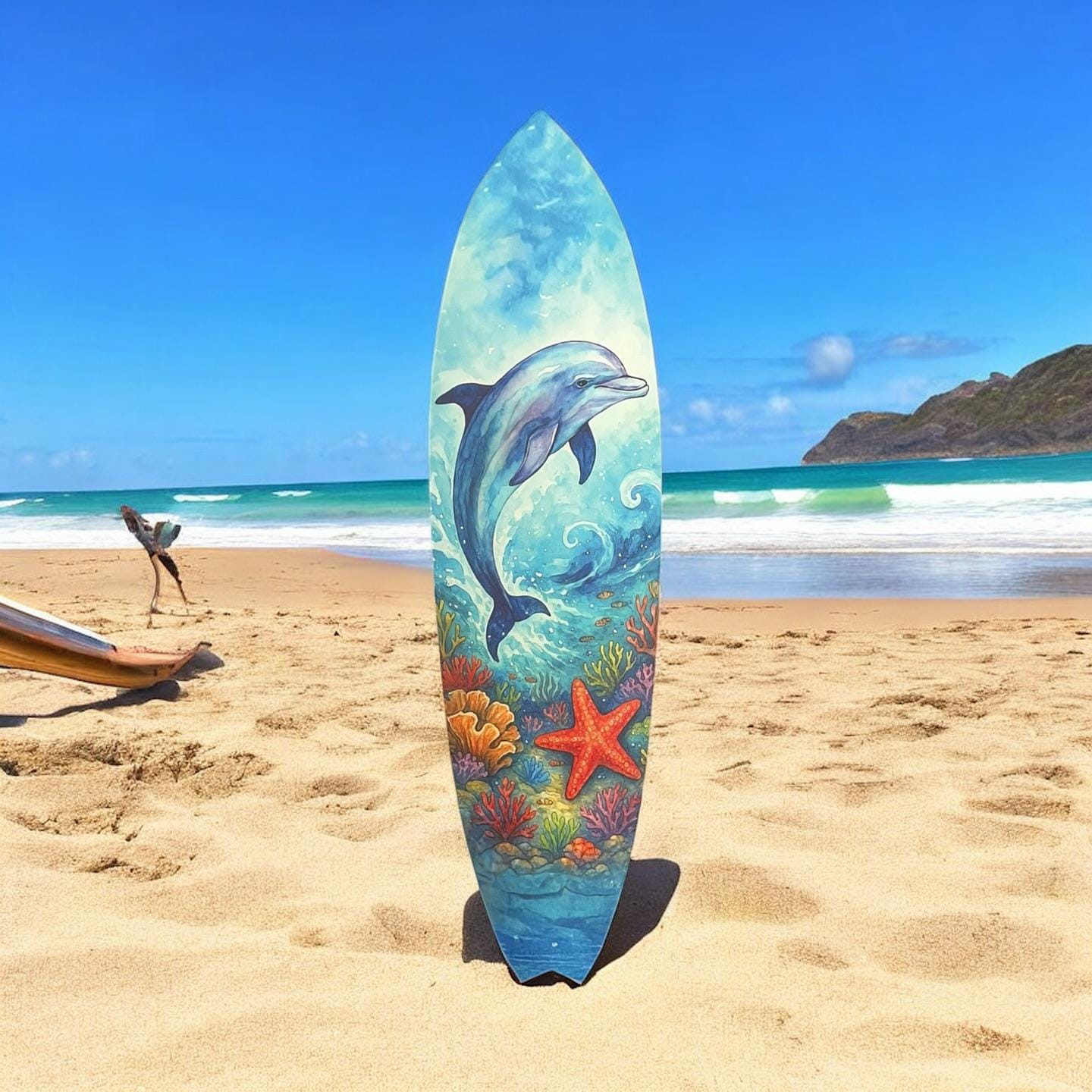 Dolphin Surfboard Wall Art – Coastal PVC Beach House Decor, Ocean Animal Wall Sign, Tropical Scene, 3 - 5 Feet
