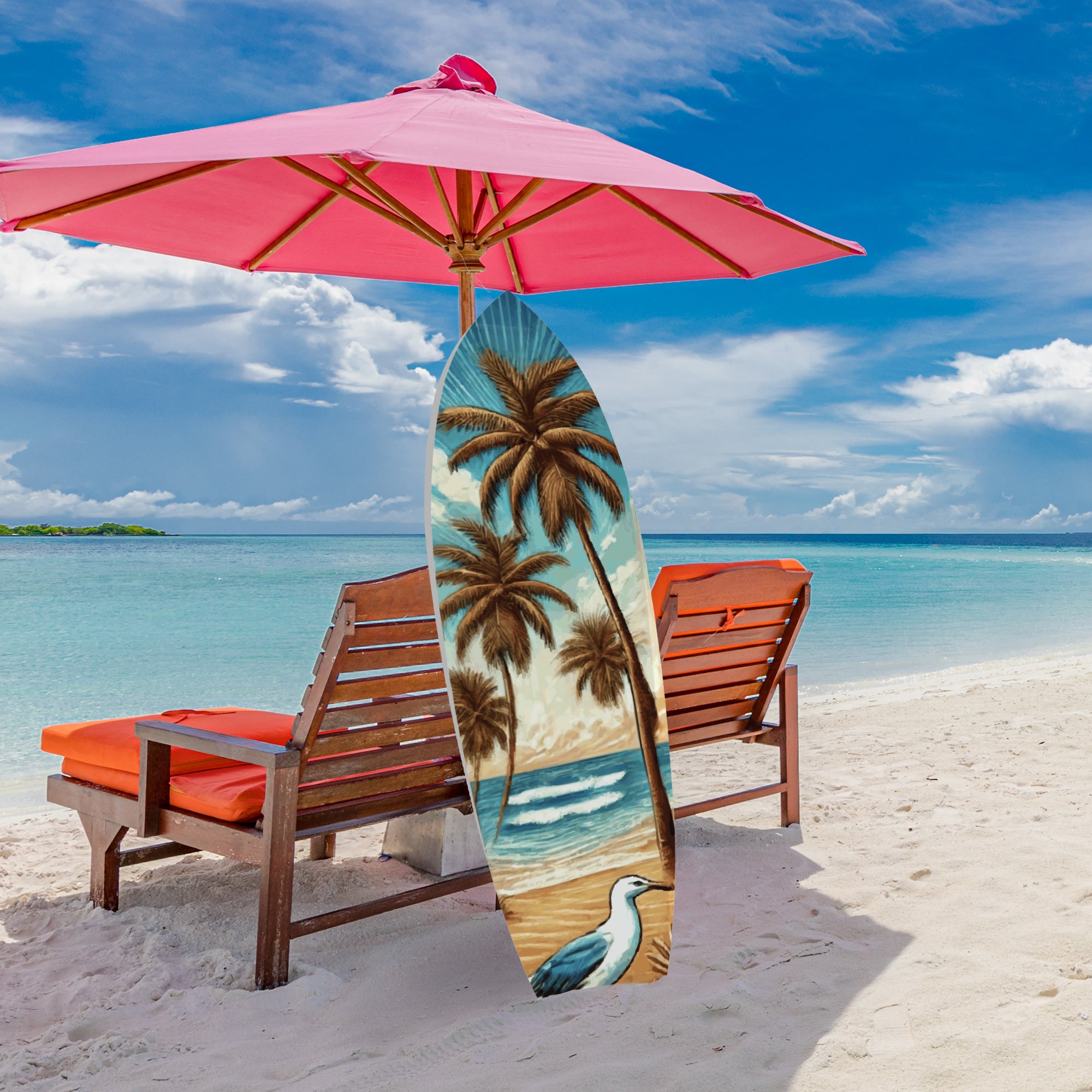 Outdoor Tropical Surfboard Wall Art, Palm Trees and Bird, Surfboard Sign, Beach House Curb Appeal, Weather Resistant PVC, 3 - 5 Feet