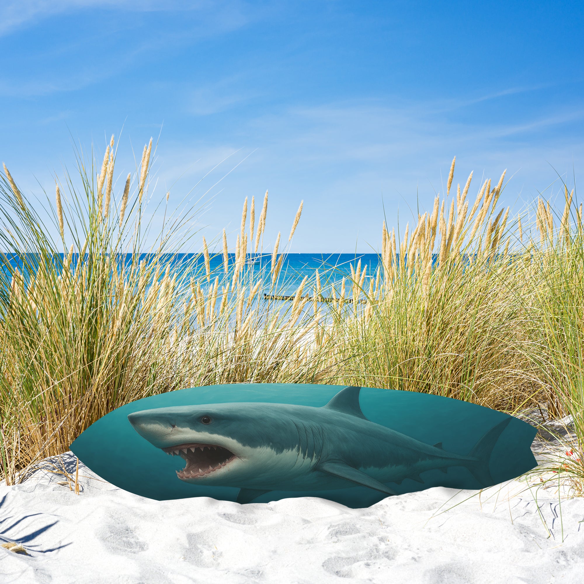 Outdoor Shark Surfboard Wall Art – Ocean Themed Shark Decor, Weatherproof PVC Beach House Sign Decorative Coastal Wall Hanging, 3 - 5 Feet