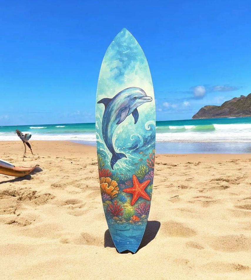 Dolphin Surfboard Wall Art – Coastal PVC Beach House Decor, Ocean Animal Wall Sign, Tropical Scene, 3 - 5 Feet