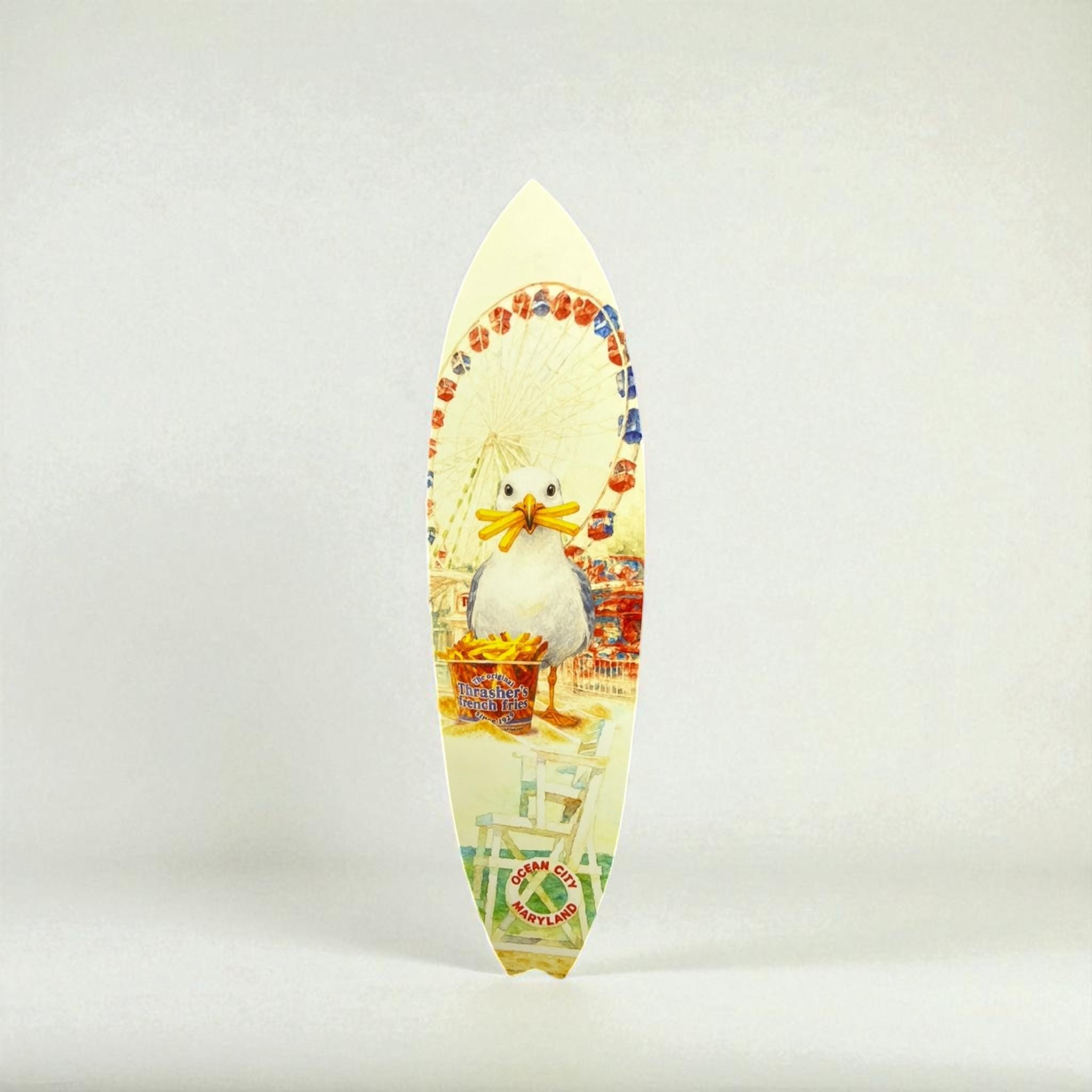 Ocean City Maryland Surfboard Wall Art – Seagull & Thrashers French Fries, Coastal Beach House Décor, Nautical PVC Sign