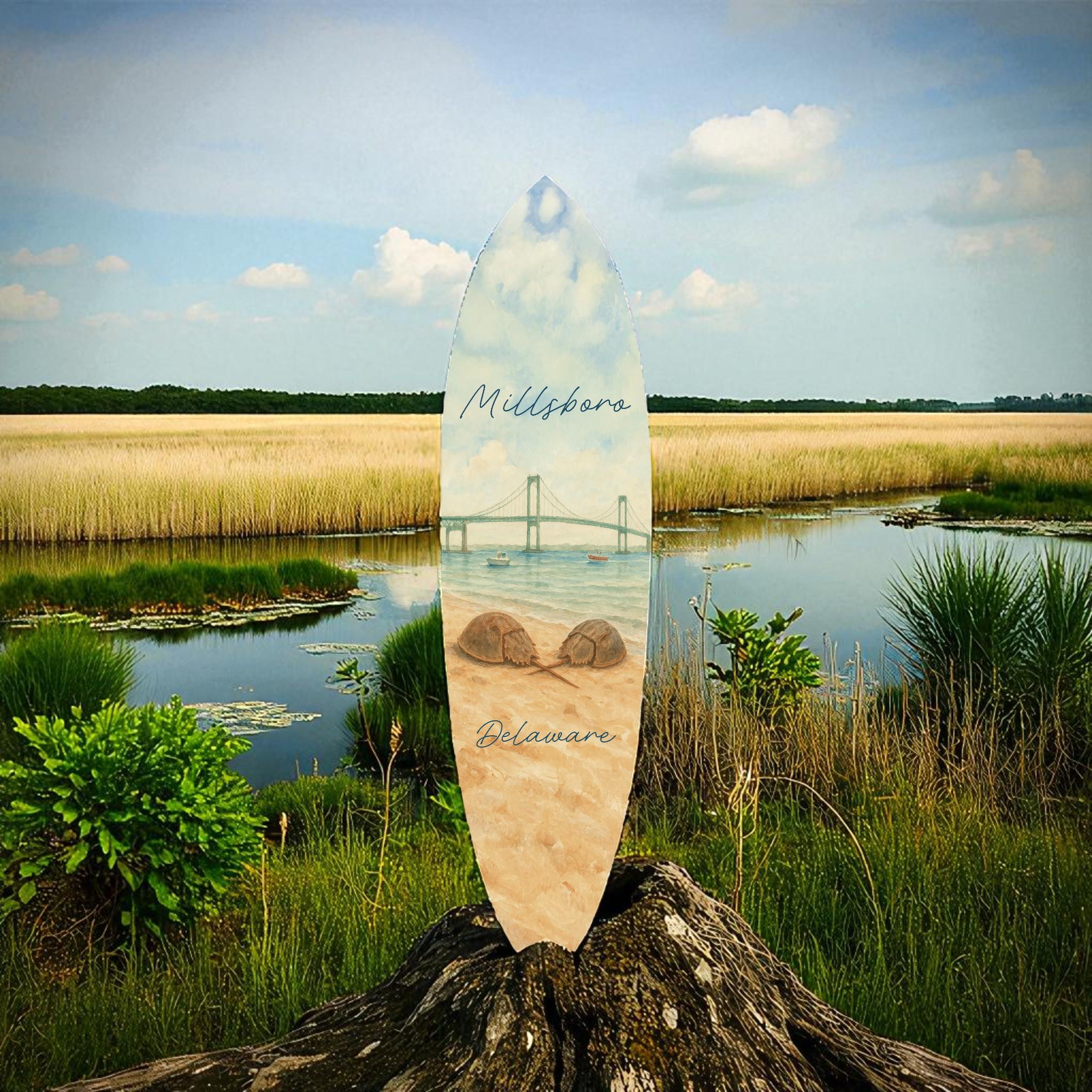Millsboro Delaware PVC Surfboard Wall Art | 2–5 Ft Sizes | Outdoor Safe Coastal Decor | Beach House Patio Sign
