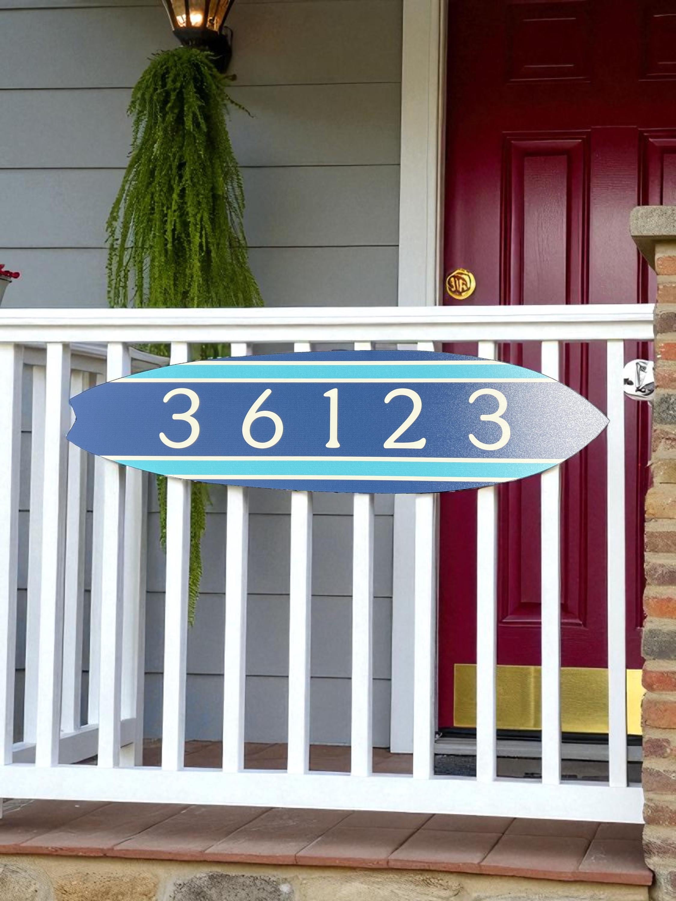 Custom Beach Address Sign – Surfboard House Number Plaque – Coastal Outdoor Decor – Nautical Home Accent – Personalized Sign for Porch