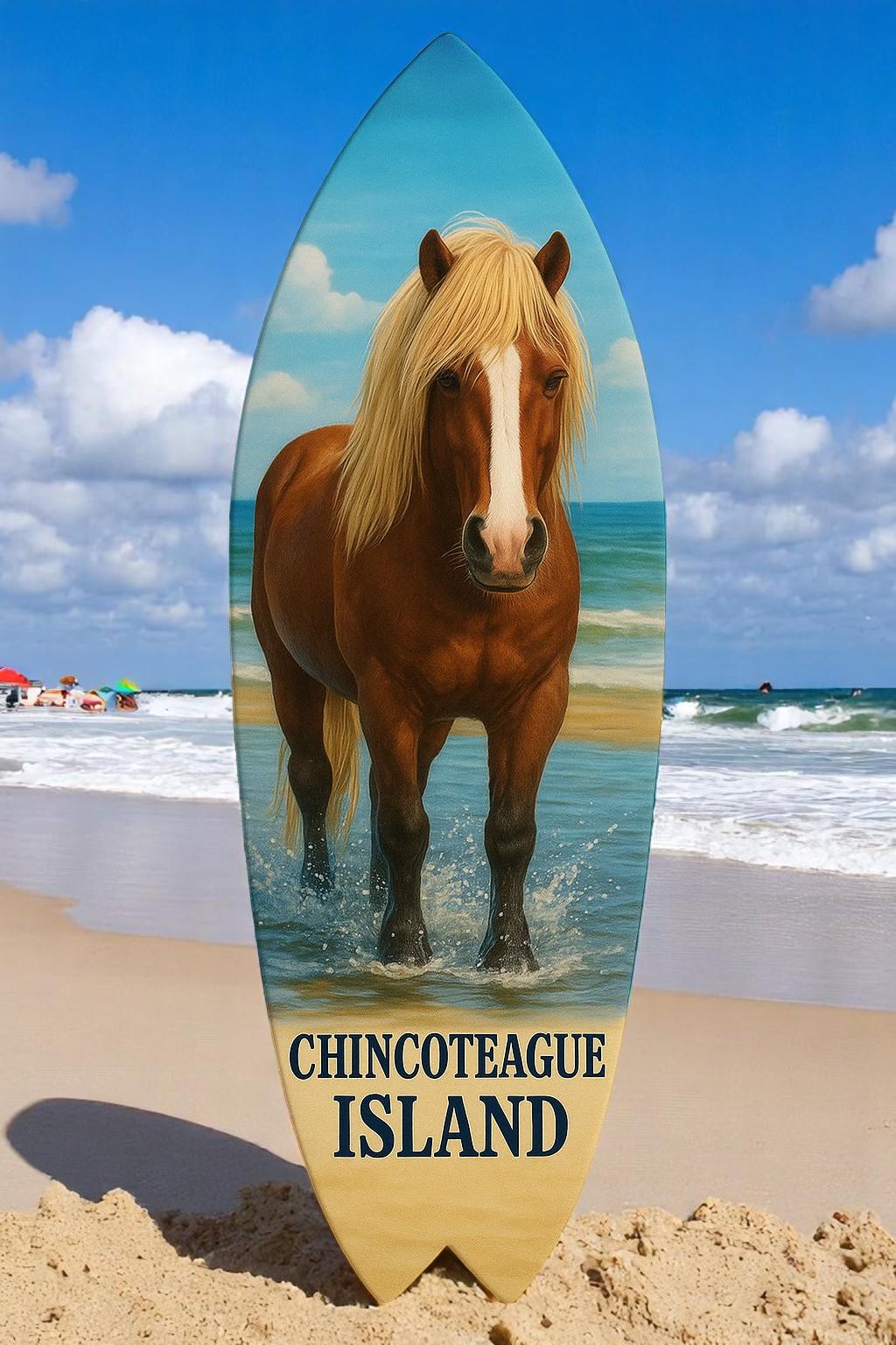 Chincoteague Island Virginia Surfboard Decorative Wall Art Horses and Oysters