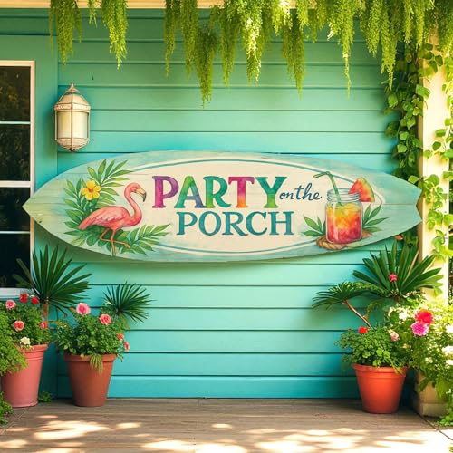 Party on the Porch Surfboard Wall Art – Indoor Outdoor PVC Porch Decor, Tropical Patio Sign, Flamingo Summer Decor, 2 - 5 Feet