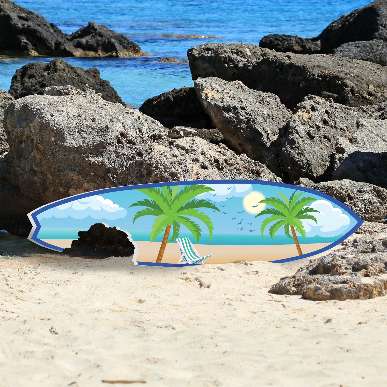 Outdoor Surfboard Wall Art, Beach Decor, Surfboard Sign with Shark Bite, Palm Trees and Beach-Themed, Weather Resistant PVC, 3 - 5 Feet