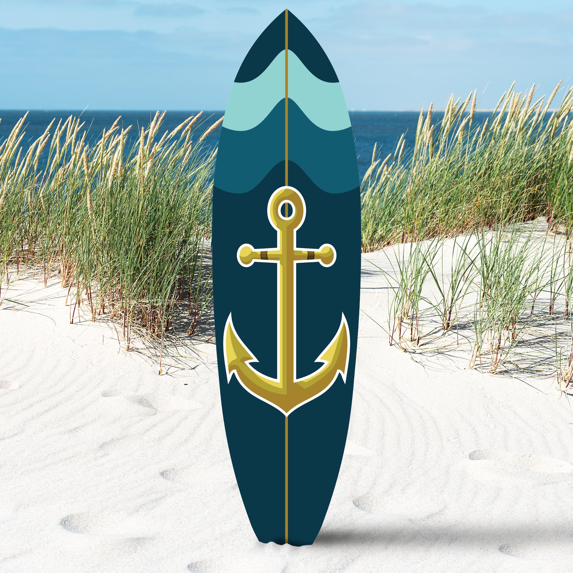 Outdoor Nautical Anchor Surfboard Wall Art, Navy Blue and Teal, Indoor Outdoor, Weather Resistant PVC, 3 -5 Feet