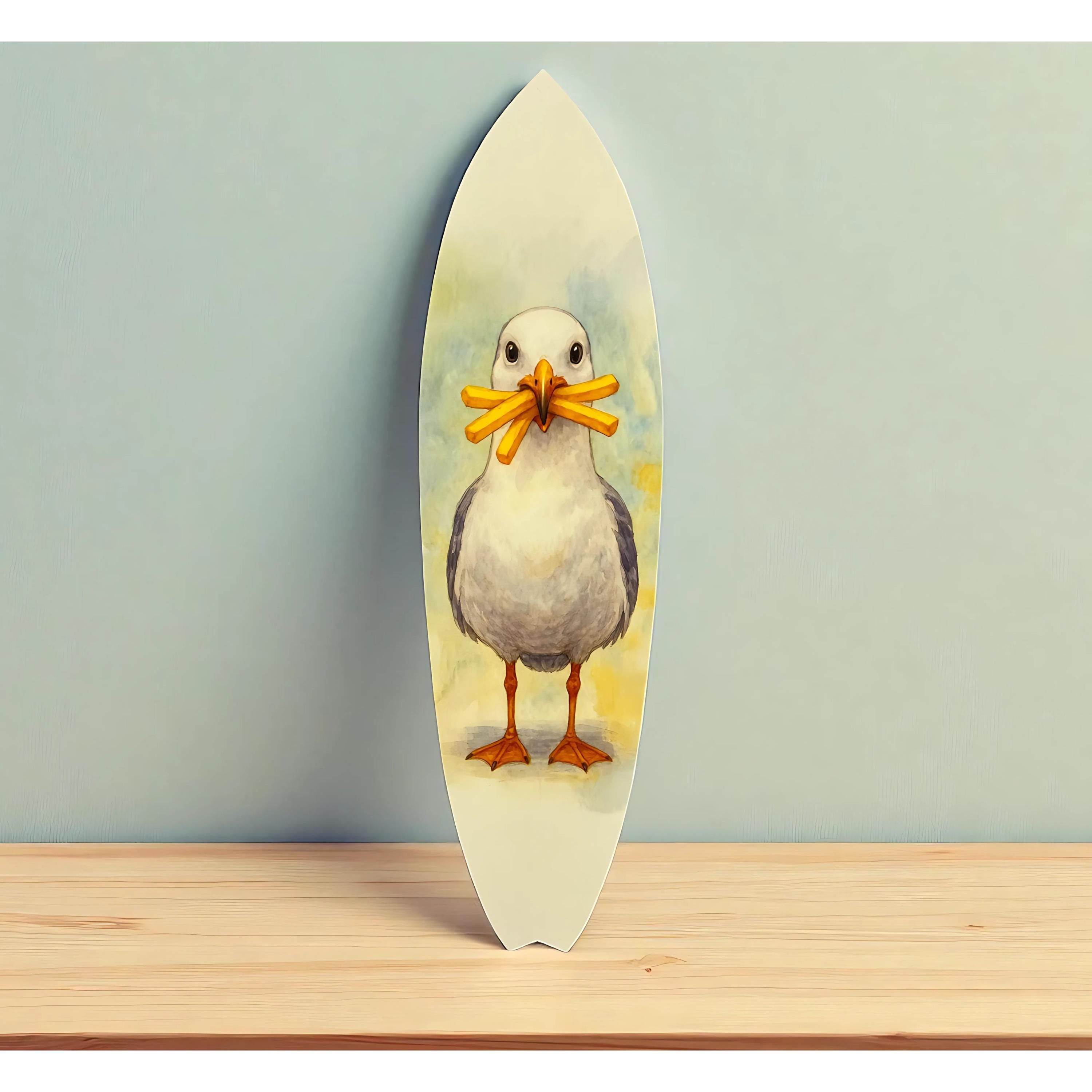 Funny Seagull Surfboard Wall Art – Outdoor Coastal Beach Decor, Seagull with Fries Design, PVC Surfboard Sign – 2ft to 5ft Sizes