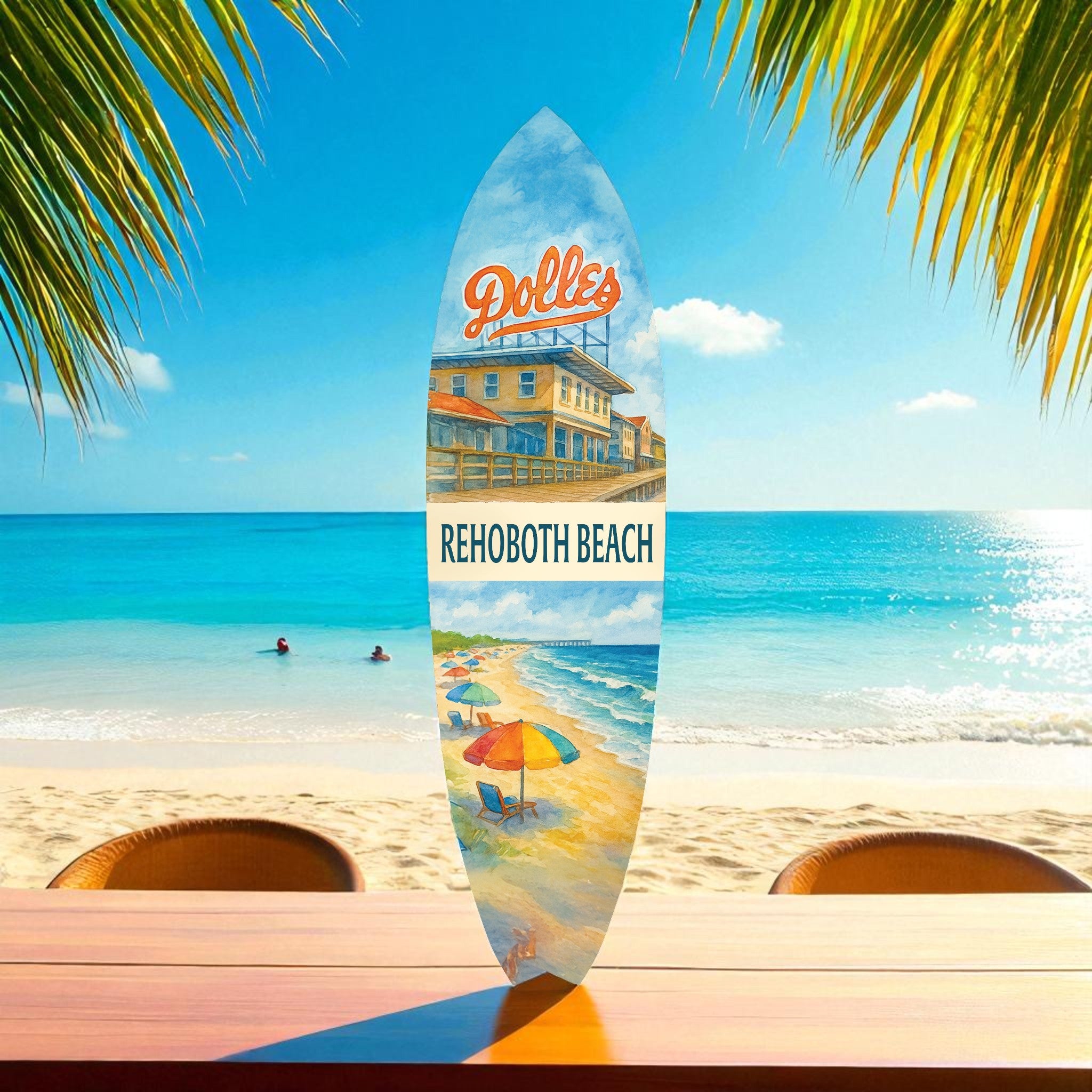 Rehoboth Beach Surfboard Wall Art – Dolle’s Salt Water Taffy Scene, Coastal Decor, Delaware Beach Sign, Outdoor Indoor PVC, 3 - 5 Feet