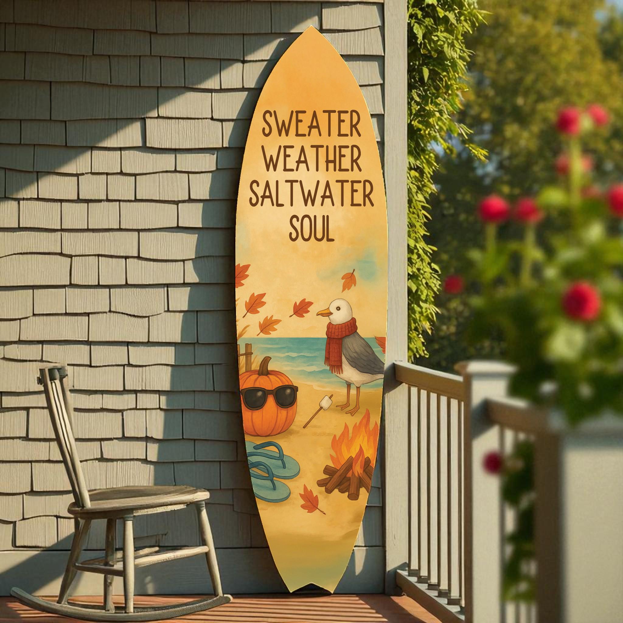 Fall Beach Decor Surfboard Sign – Sweater Weather Saltwater Soul – Autumn Coastal Wall Art for Porch or Patio – Indoor Outdoor PVC Sign, 3 - 5 Feet