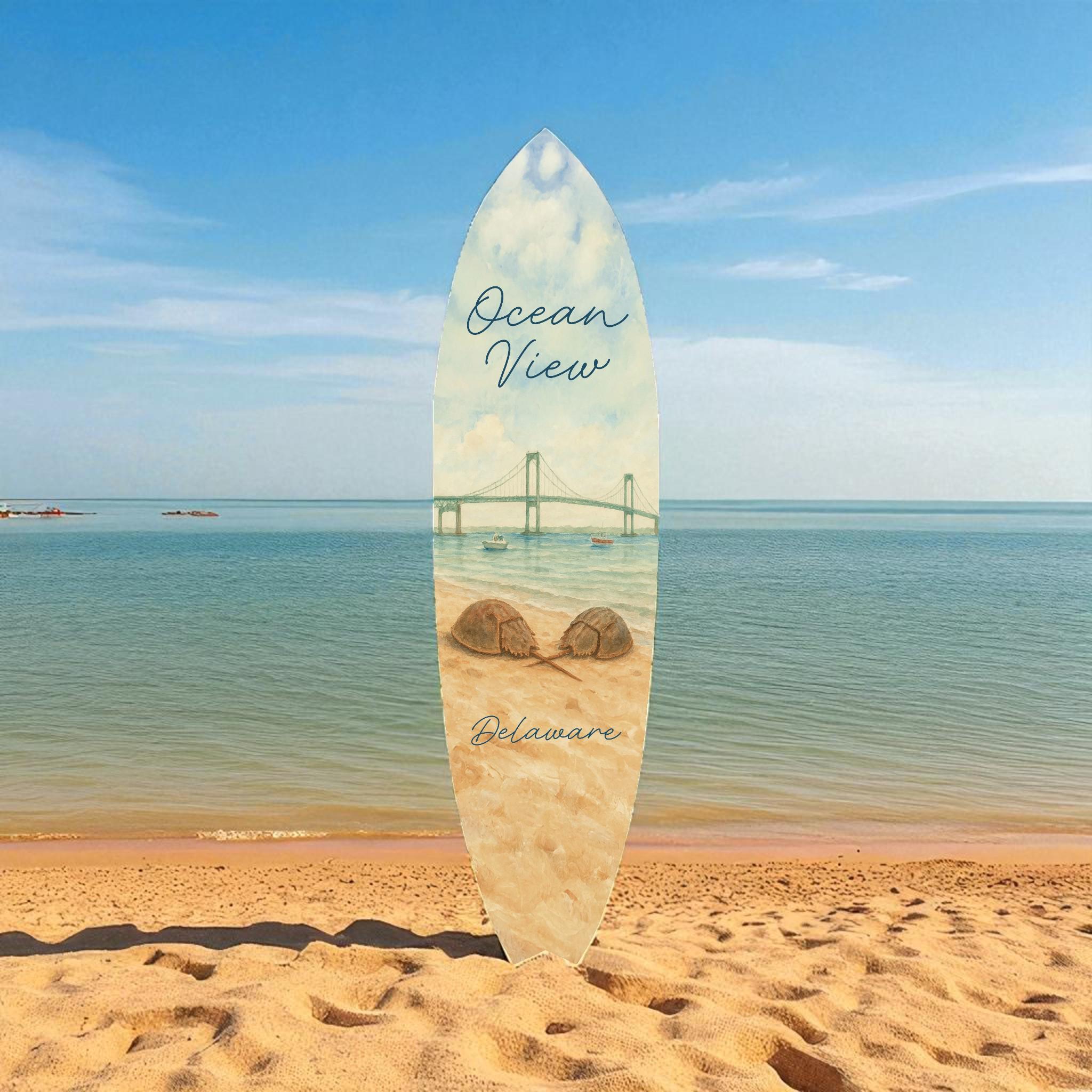 Ocean View Delaware PVC Surfboard Wall Art | 2–5 Ft Sizes | Outdoor Safe Coastal Decor | Beach House Patio Sign