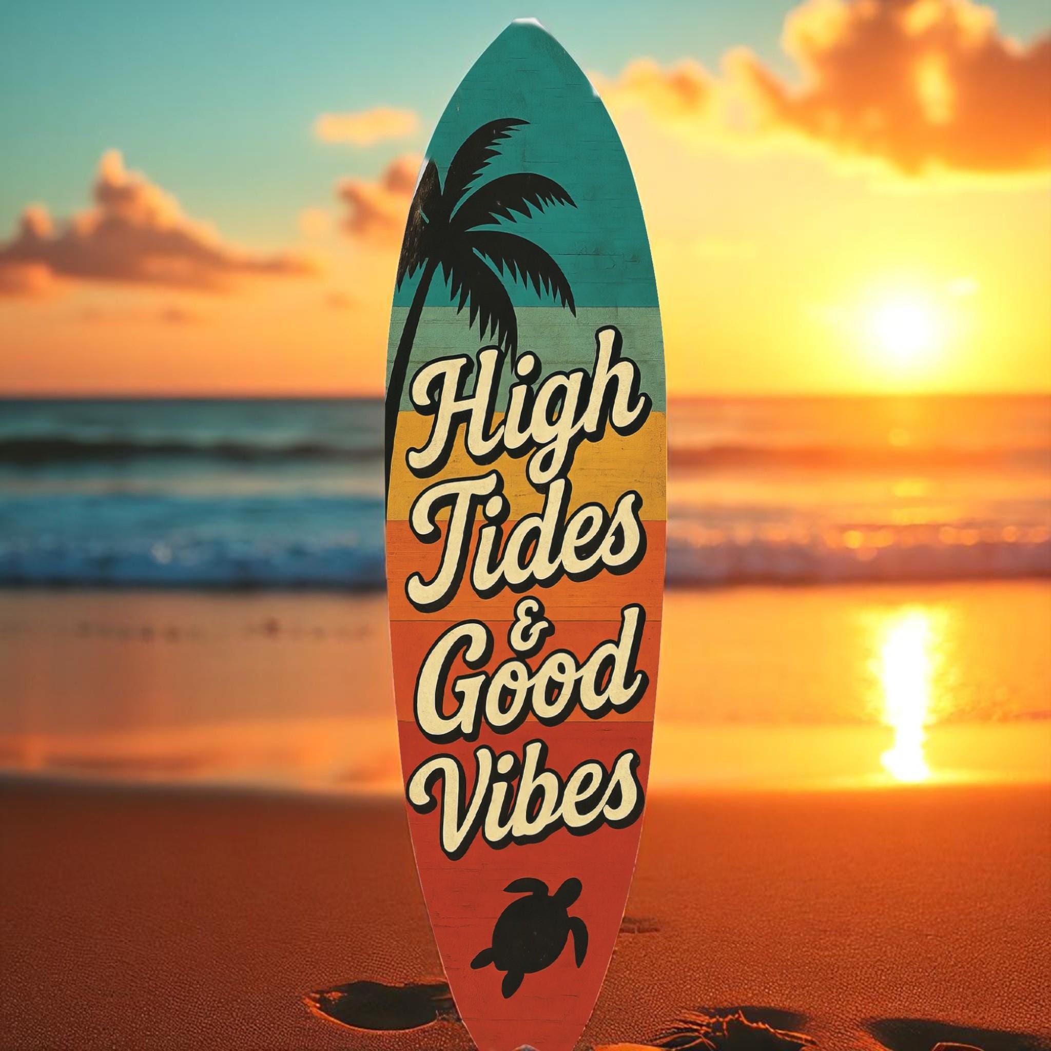 High Tides Good Vibes Surfboard Sign – Coastal Wall Decor with Sea Turtles, Palm Tree, Retro Beach House Art, Indoor Outdoor PVC, 3 - 5 Feet