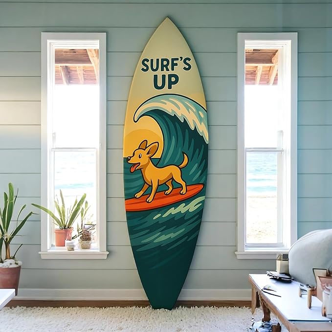 Outdoor Dog Surfboard Wall Decor – Coastal Pet Wall Art, PVC Beach House Decor for Dog Owners, Surfs Up, 3 - 5 Feet